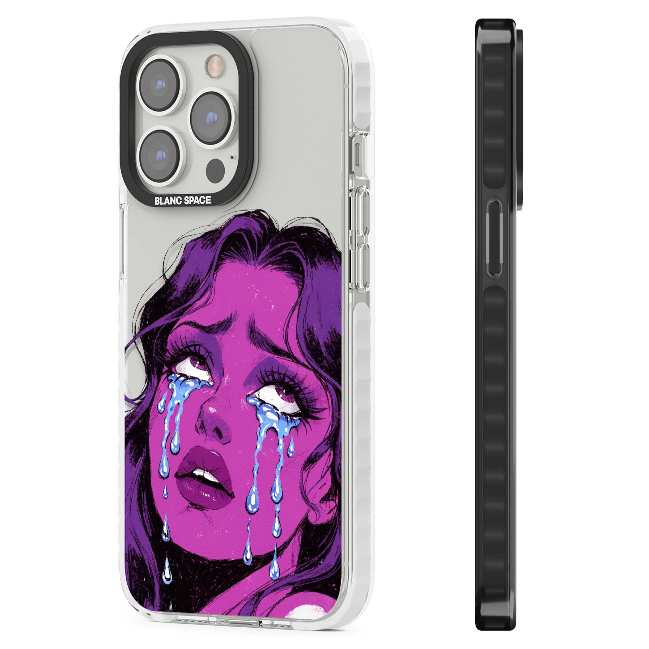 Drama Queen pop art iPhone case featuring a purple crying comic girl with blue tears | Clear Impact case for iPhone 13 Pro, iPhone 14 Pro, iPhone 15 Pro