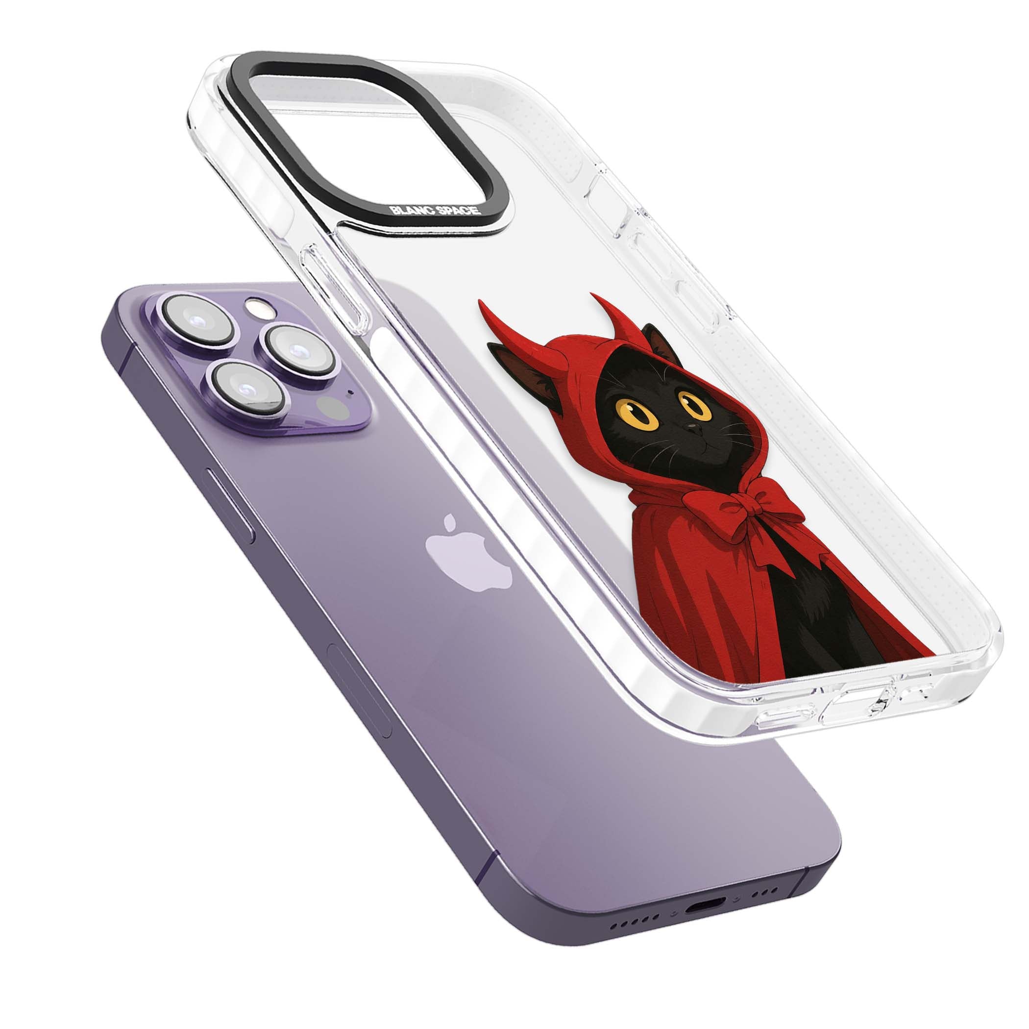 Little Devil halloween iPhone case featuring a black cat in a red hooded devil cloak with horns and golden eyes | Clear Impact case for iPhone 13 Pro, iPhone 14 Pro, iPhone 15 Pro