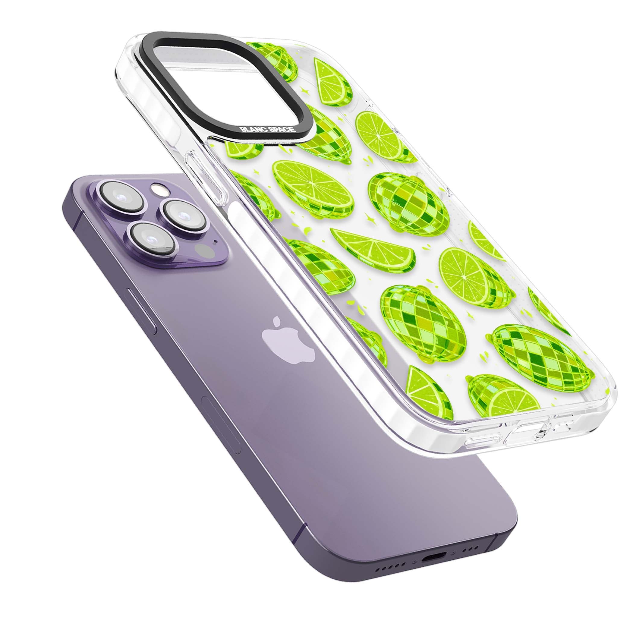 Disco Limes fruit aesthetic iPhone case featuring green disco balls, lime slices and citrus sparkles | Clear Impact case for iPhone 13 Pro, iPhone 14 Pro, iPhone 15 Pro