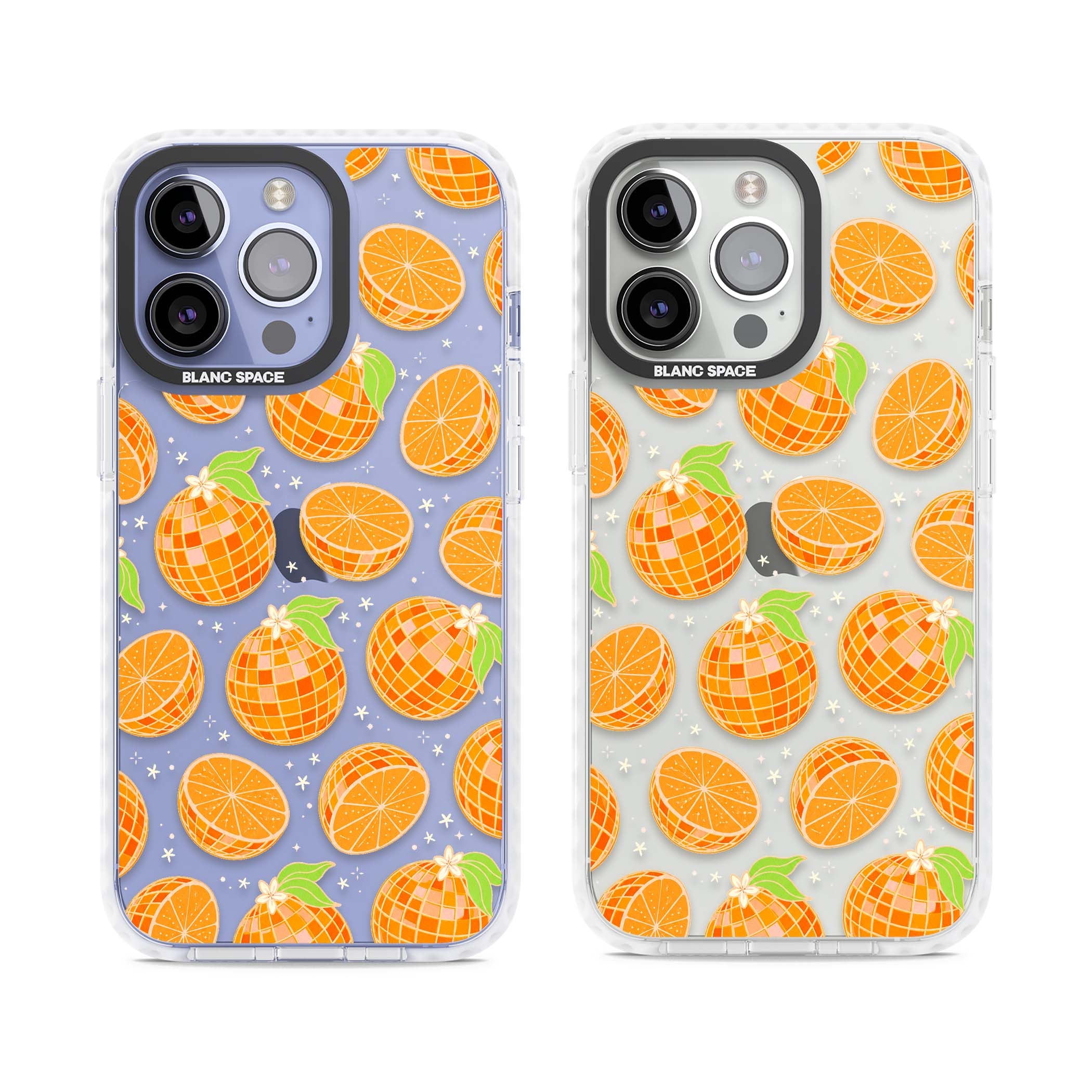 Disco Oranges retro iPhone case featuring mirrorball oranges, citrus slices and tiny blossoms on clear | Clear Impact case for iPhone 13 Pro, iPhone 14 Pro, iPhone 15 Pro