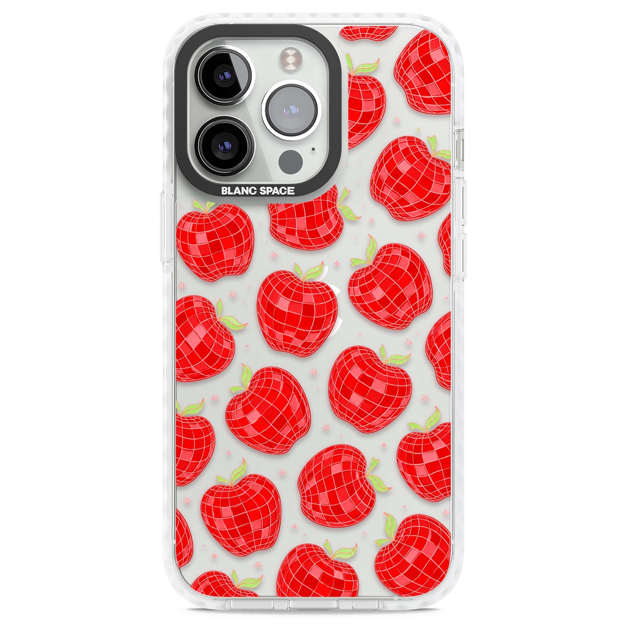 Disco Apples Y2K iPhone case featuring red disco ball apples, green leaves and pink sparkles on clear | Clear Impact case for iPhone 13 Pro, iPhone 14 Pro, iPhone 15 Pro