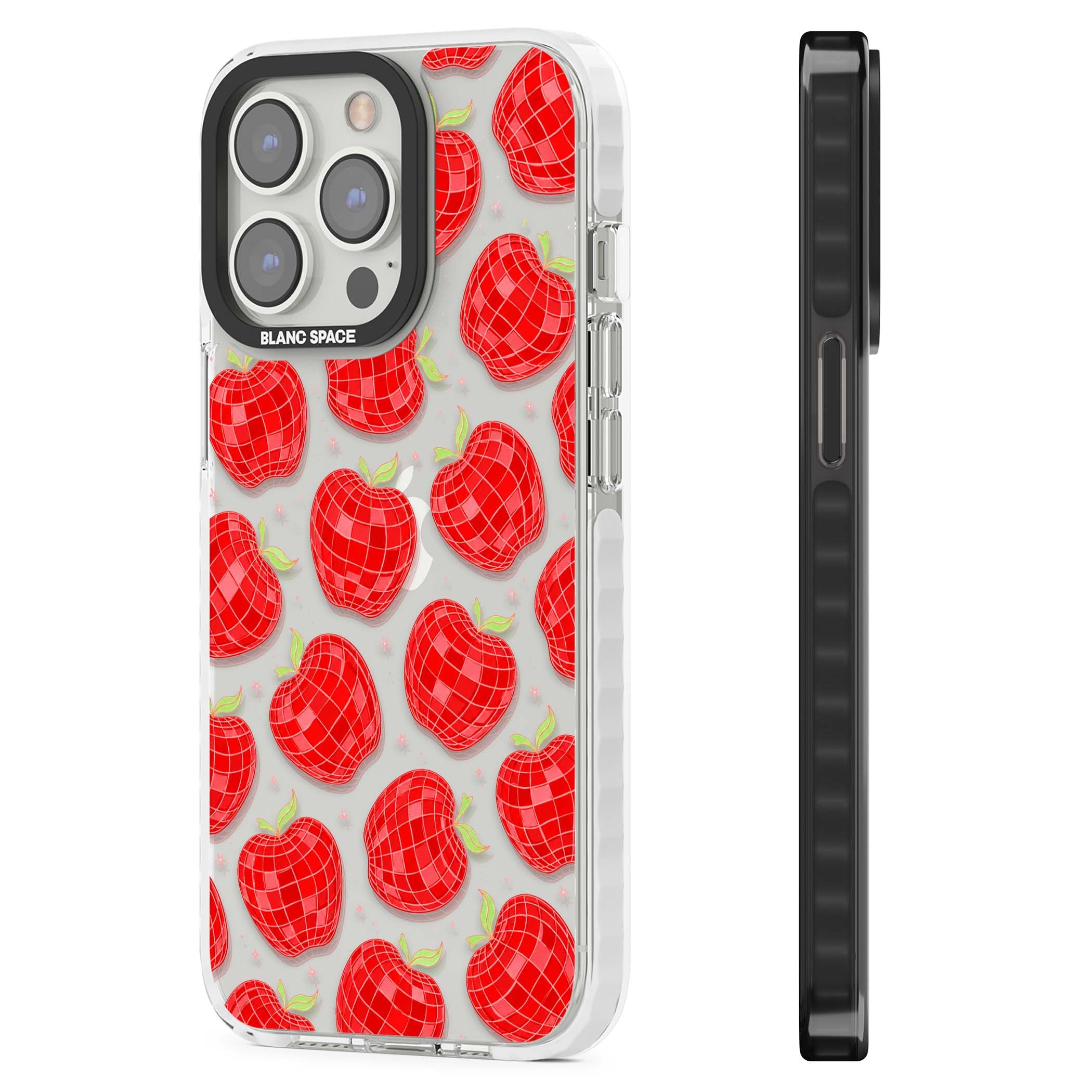 Disco Apples Y2K iPhone case featuring red disco ball apples, green leaves and pink sparkles on clear | Clear Impact case for iPhone 13 Pro, iPhone 14 Pro, iPhone 15 Pro