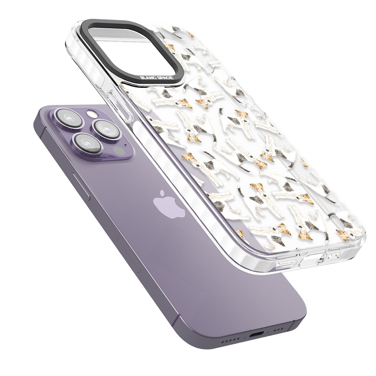 Wire Haired Fox Terrier Dog Pattern iPhone 13 Pro / iPhone 13 Pro Max / iPhone 14 Pro / iPhone 14 Pro Max / iPhone 15 Pro / iPhone 15 Pro Max Impact Clear Phone Case angled