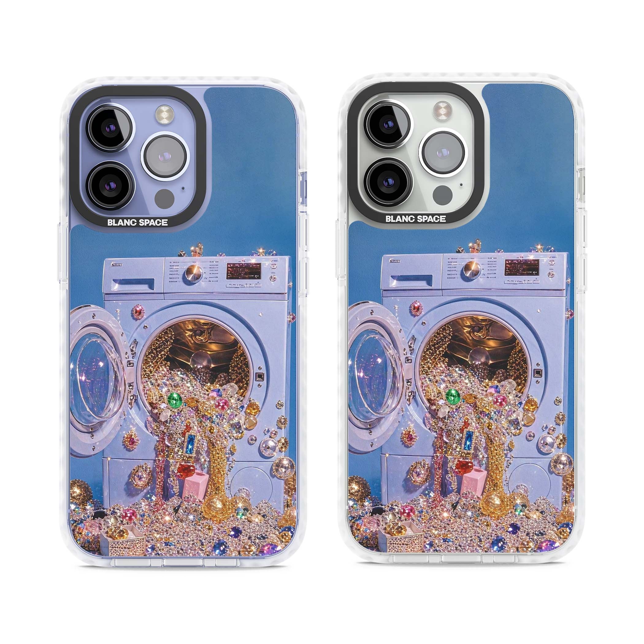 Gem Laundry baddie iPhone case featuring a surreal washing machine overflowing with colourful gemstones and crystals | Clear Impact case for iPhone 13 Pro, iPhone 14 Pro, iPhone 15 Pro