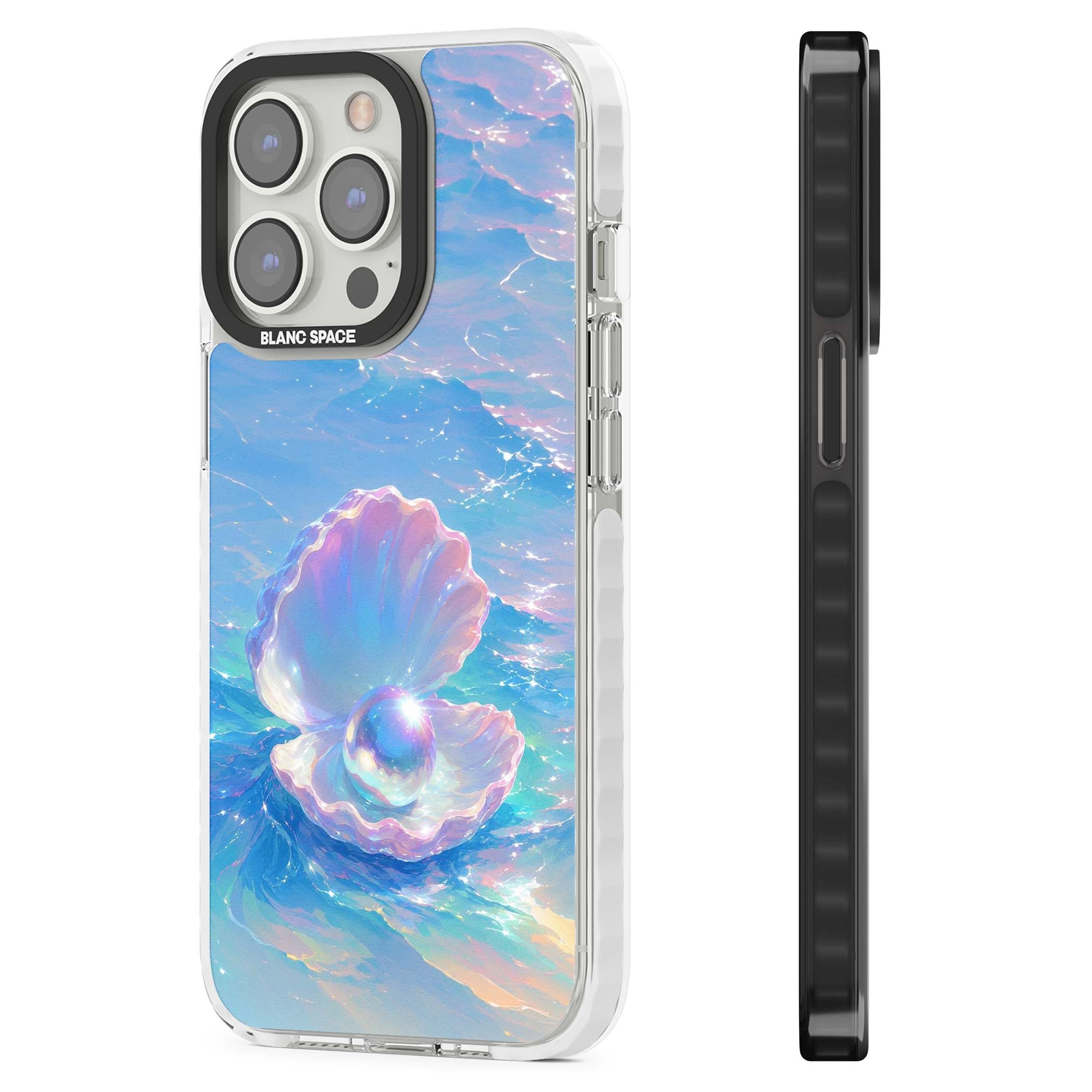 The Pearl Clam mermaidcore iPhone case featuring iridescent seashell, glowing pearl and pastel ocean waves | Clear Impact case for iPhone 13 Pro, iPhone 14 Pro, iPhone 15 Pro