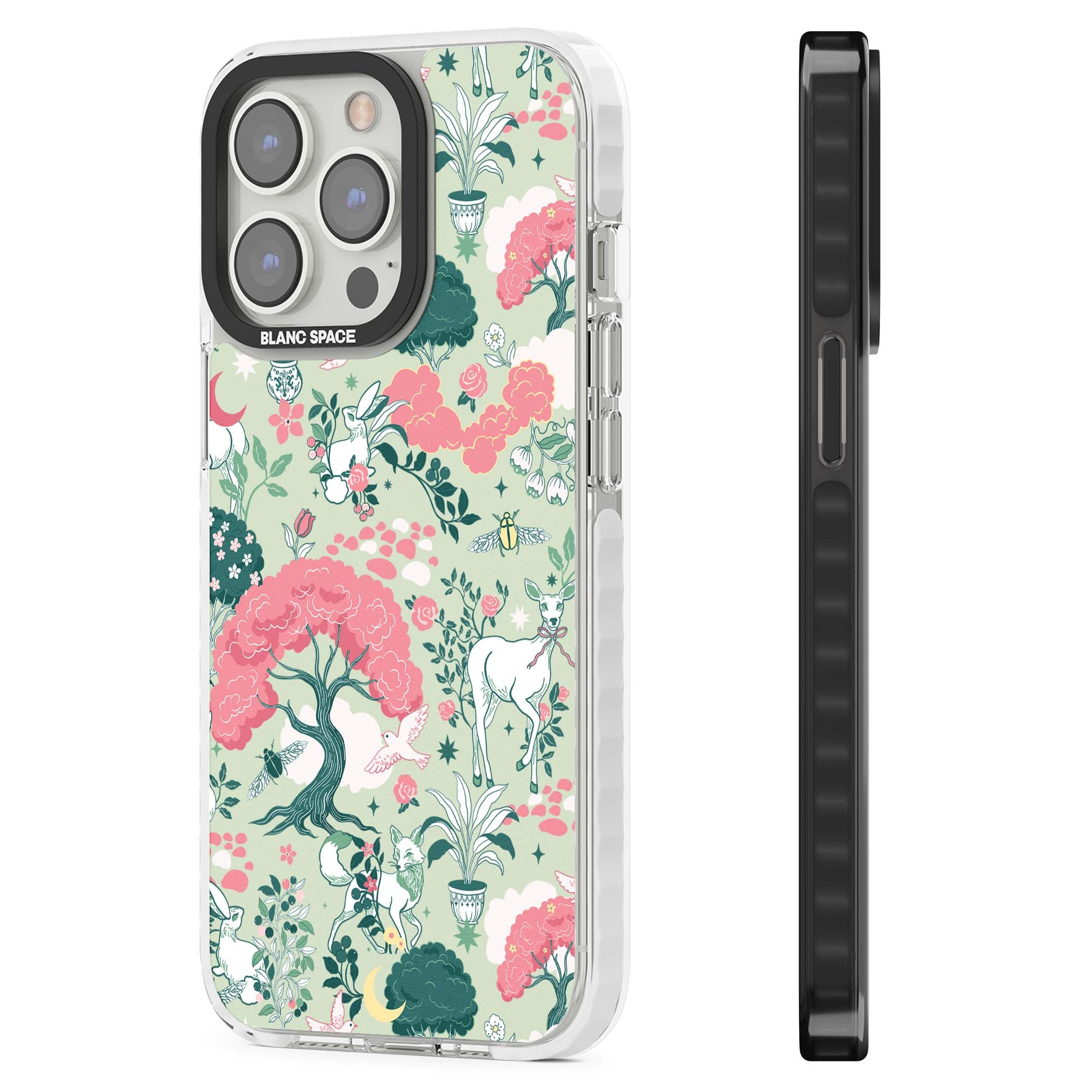 Enchanted Woodland cottagecore iPhone case featuring white deer, pink roses, mushrooms and woodland animals on sage green | Clear Impact case for iPhone 13 Pro, iPhone 14 Pro, iPhone 15 Pro