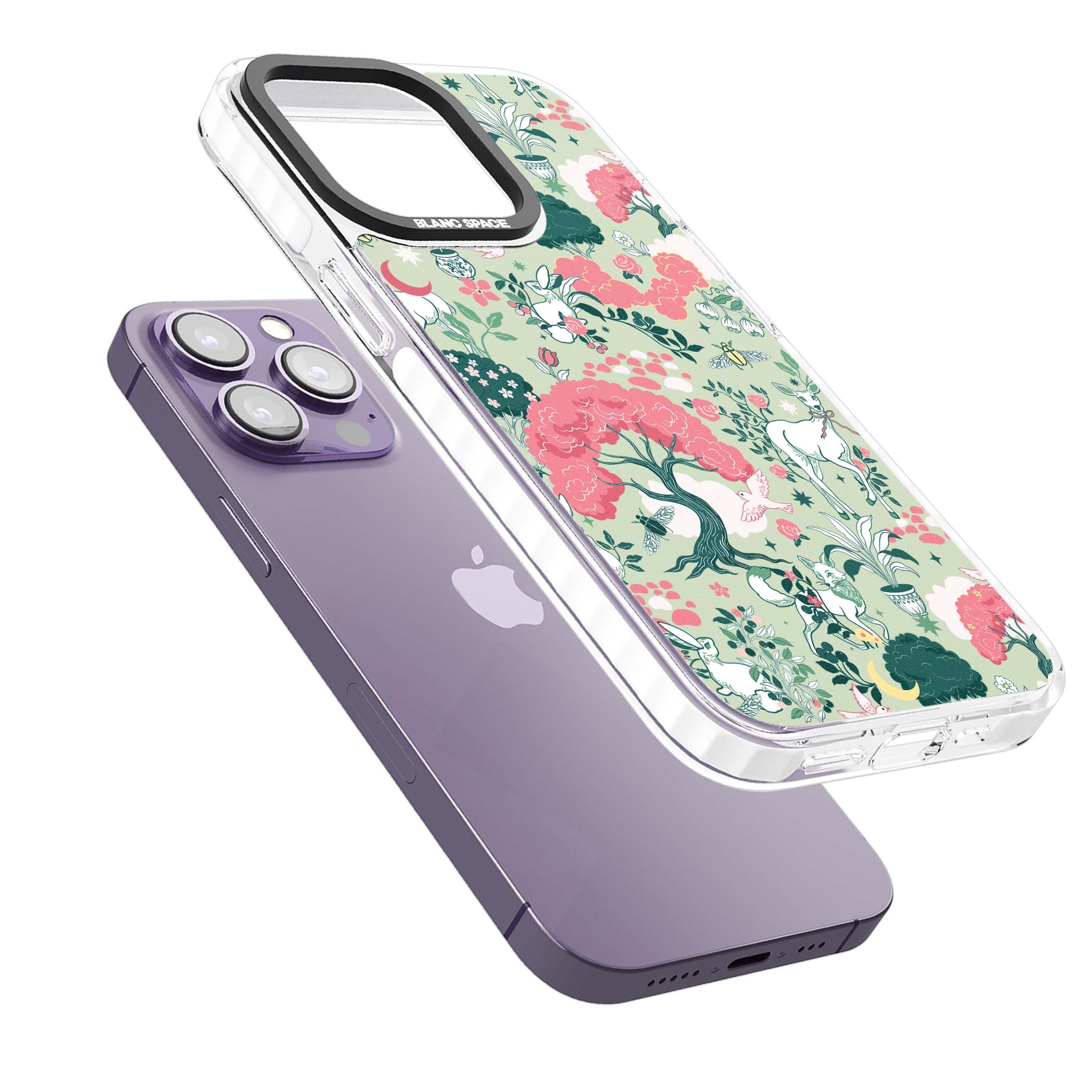 Enchanted Woodland cottagecore iPhone case featuring white deer, pink roses, mushrooms and woodland animals on sage green | Clear Impact case for iPhone 13 Pro, iPhone 14 Pro, iPhone 15 Pro