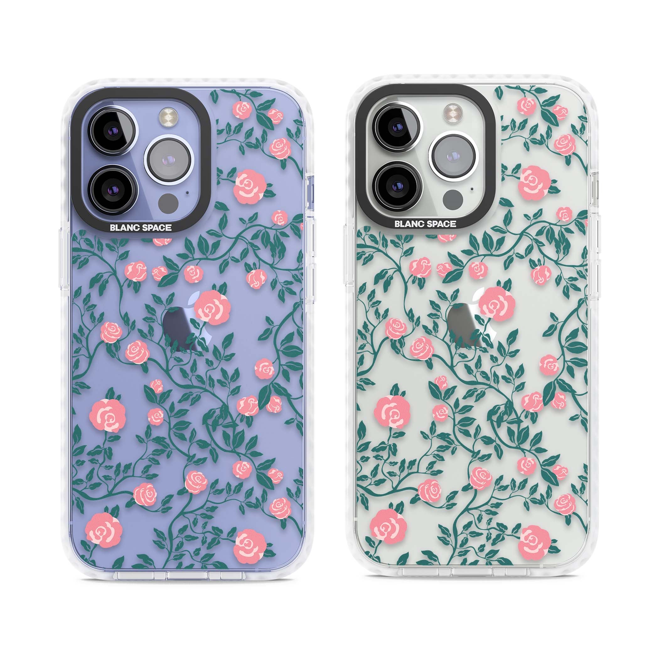 Rose Trellis (Clear) cottagecore iPhone case featuring pink climbing roses and green leaves on clear background | Clear Impact case for iPhone 13 Pro, iPhone 14 Pro, iPhone 15 Pro