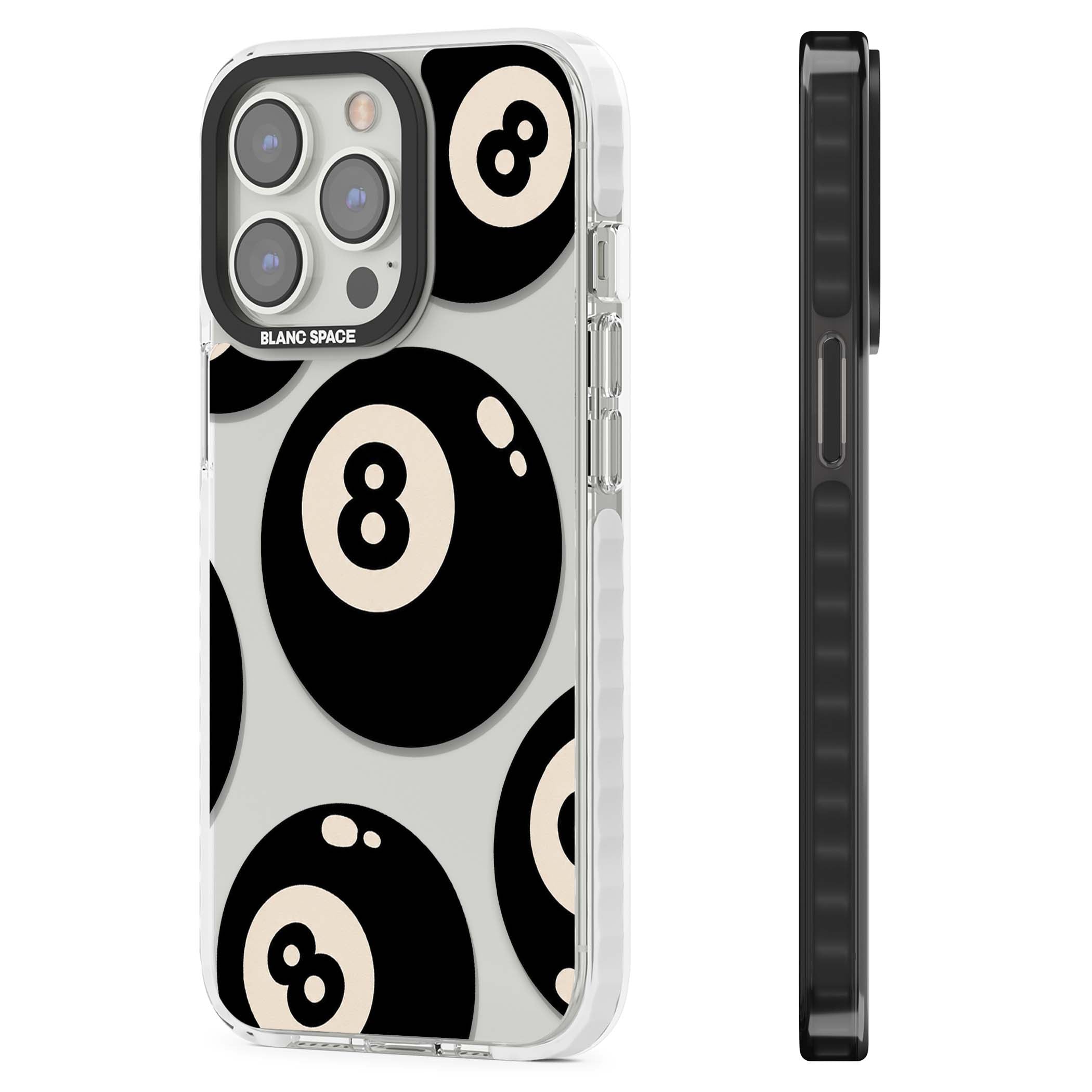 Eights y2k iPhone case featuring scattered black 8 balls with cream highlights on a clear background | Clear Impact case for iPhone 13 Pro, iPhone 14 Pro, iPhone 15 Pro