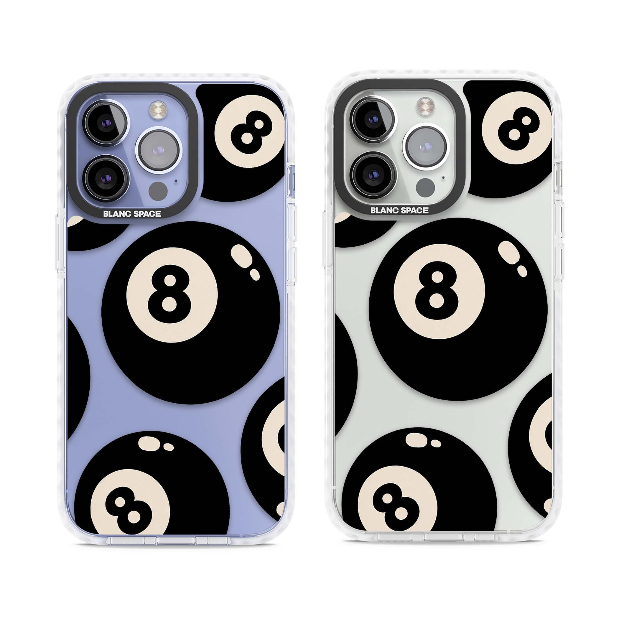 Eights y2k iPhone case featuring scattered black 8 balls with cream highlights on a clear background | Clear Impact case for iPhone 13 Pro, iPhone 14 Pro, iPhone 15 Pro