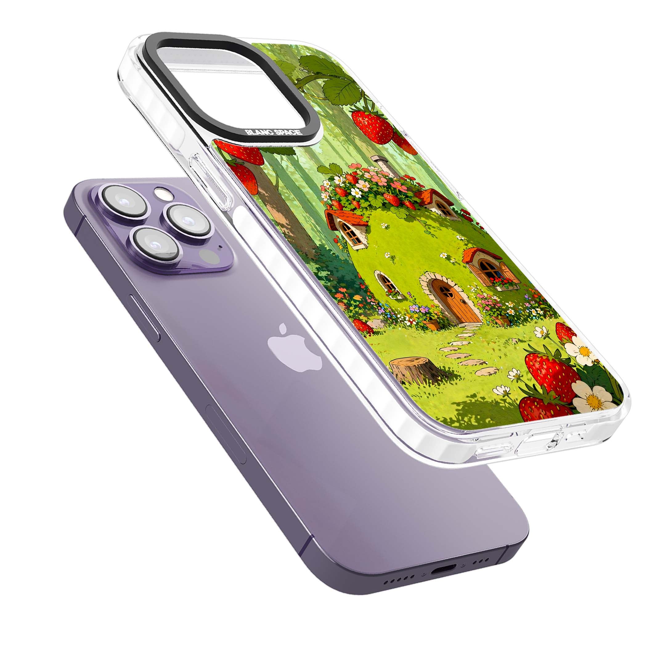 Strawberry Cottage cottagecore iPhone case featuring a green fairy house, wild strawberries and enchanted forest flowers | Clear Impact case for iPhone 13 Pro, iPhone 14 Pro, iPhone 15 Pro