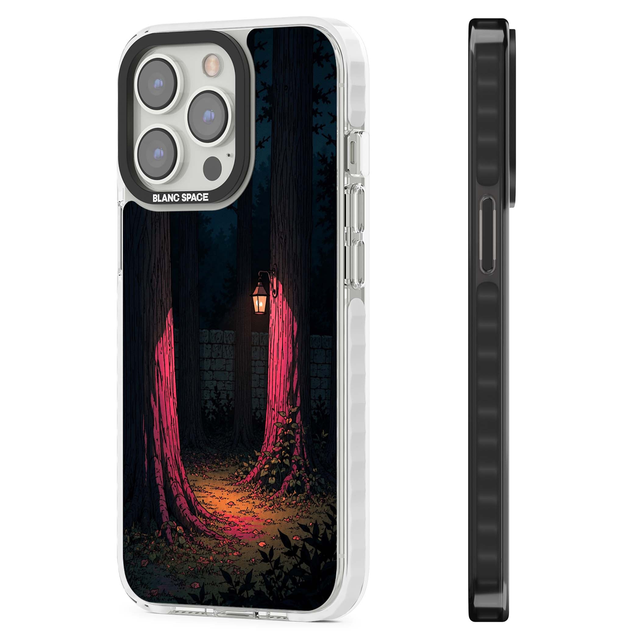 Forest Lantern dark academia iPhone case featuring a moonlit forest, glowing lantern, and stone wall pathway | Clear Impact case for iPhone 13 Pro, iPhone 14 Pro, iPhone 15 Pro