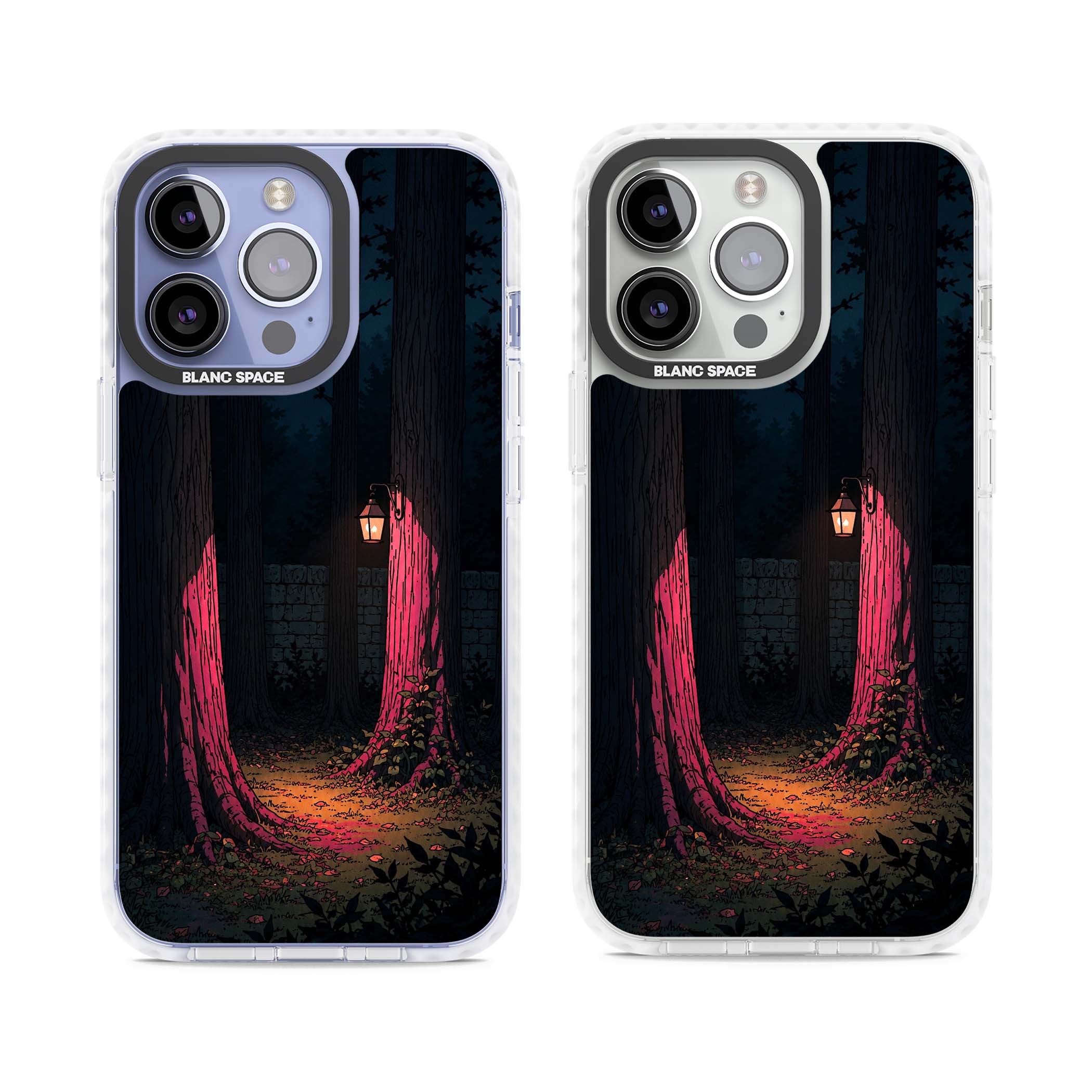 Forest Lantern dark academia iPhone case featuring a moonlit forest, glowing lantern, and stone wall pathway | Clear Impact case for iPhone 13 Pro, iPhone 14 Pro, iPhone 15 Pro