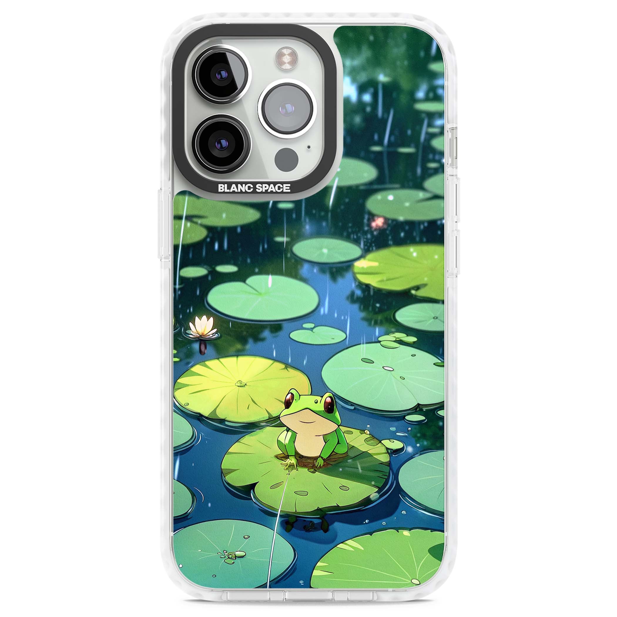 Frog In Lily Pond cottagecore iPhone case featuring a cute green frog on a lily pad with falling rain and a lotus flower | Clear Impact case for iPhone 13 Pro, iPhone 14 Pro, iPhone 15 Pro