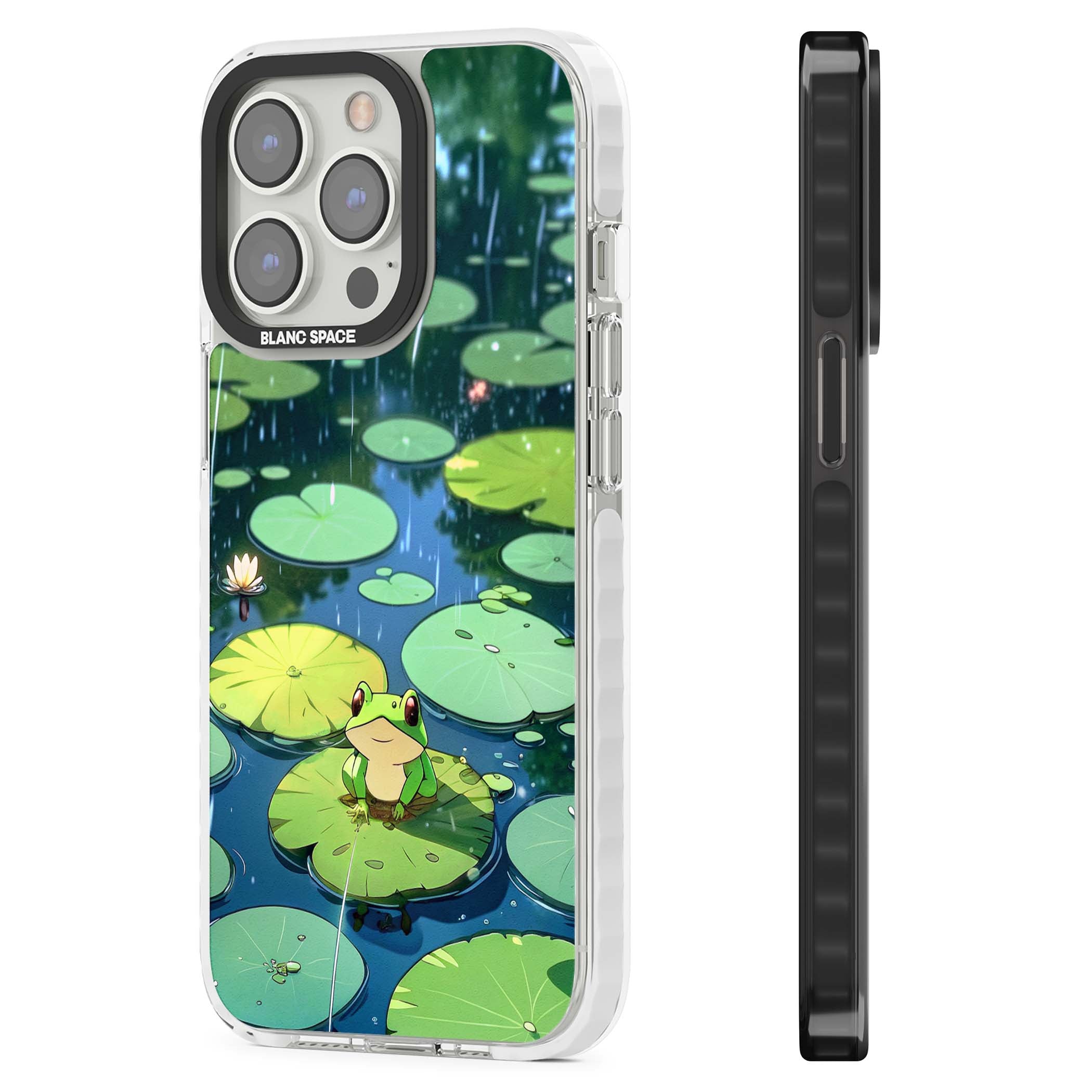 Frog In Lily Pond cottagecore iPhone case featuring a cute green frog on a lily pad with falling rain and a lotus flower | Clear Impact case for iPhone 13 Pro, iPhone 14 Pro, iPhone 15 Pro