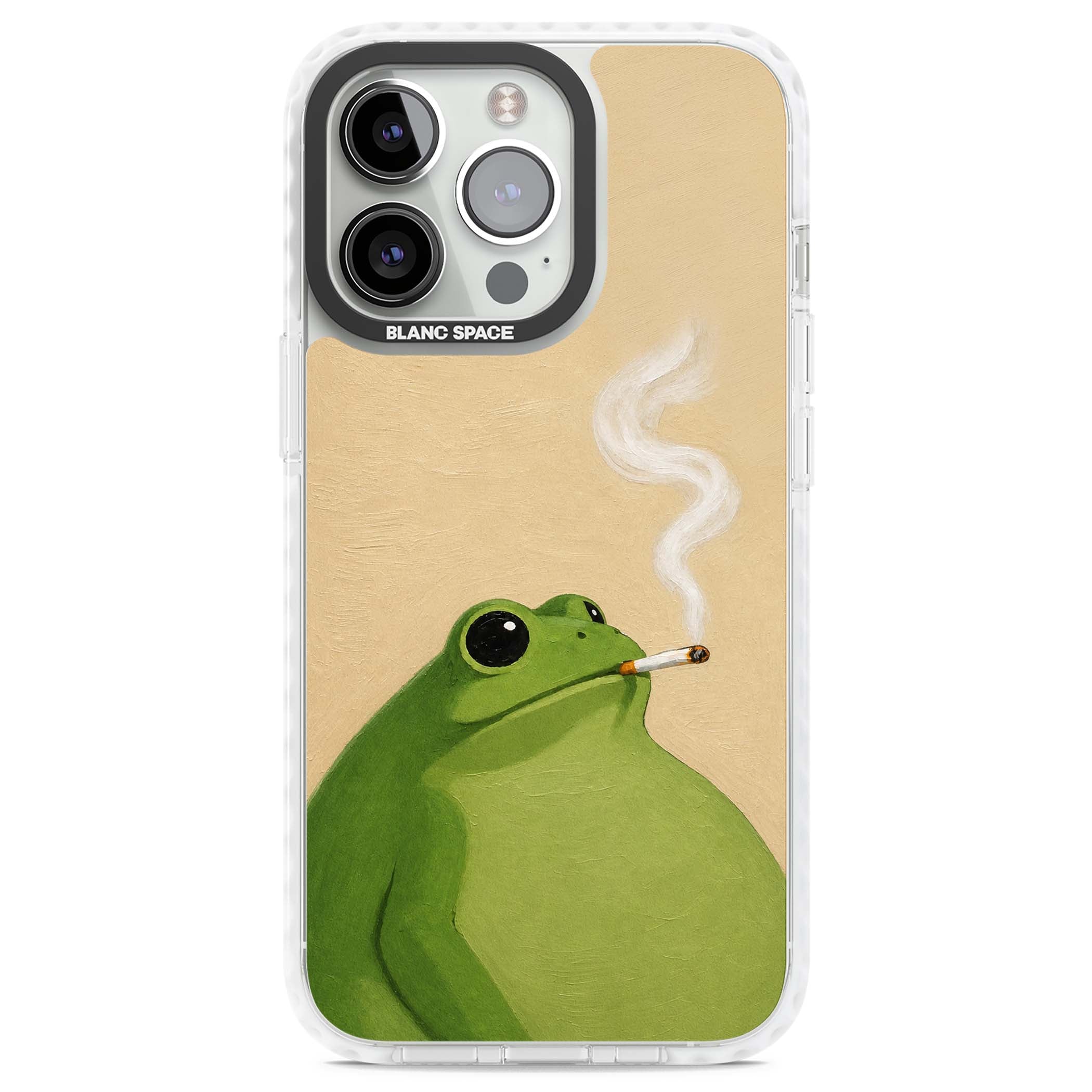 The Smoking Frog cottagecore iPhone case featuring a hand-painted green frog smoking a cigarette on a cream oil painting back | Clear Impact case for iPhone 13 Pro, iPhone 14 Pro, iPhone 15 Pro