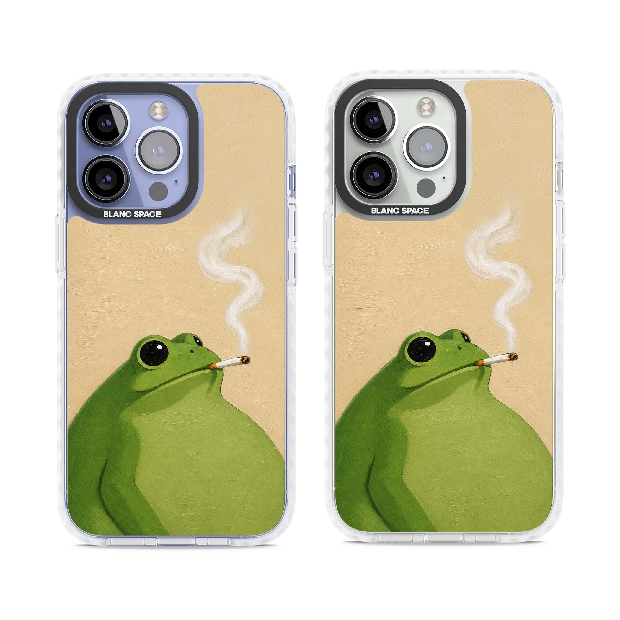 The Smoking Frog cottagecore iPhone case featuring a hand-painted green frog smoking a cigarette on a cream oil painting back | Clear Impact case for iPhone 13 Pro, iPhone 14 Pro, iPhone 15 Pro