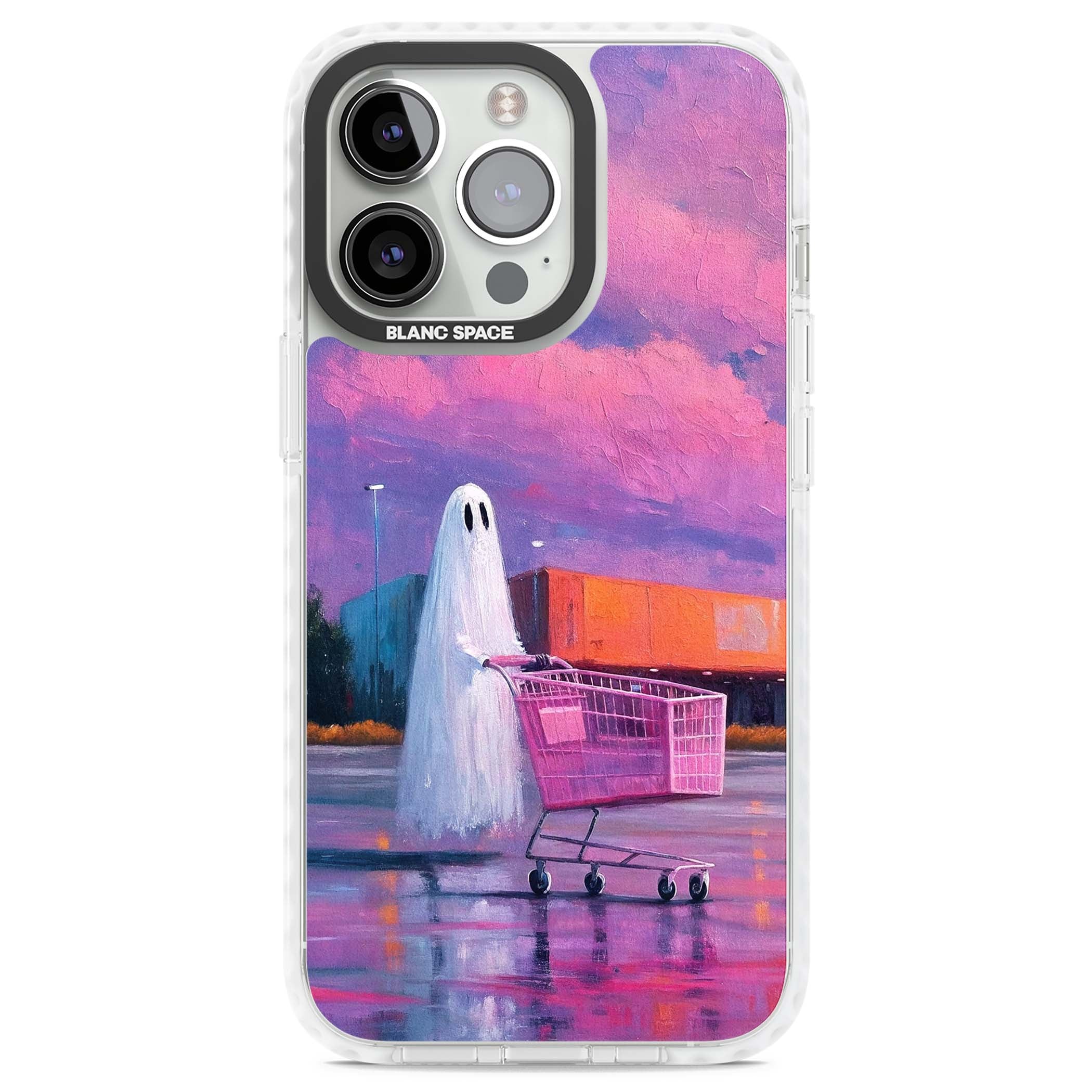 A Ghost's Errand ghost halloween iPhone case featuring a painted ghost, pink shopping trolley and purple sunset sky | Clear Impact case for iPhone 13 Pro, iPhone 14 Pro, iPhone 15 Pro