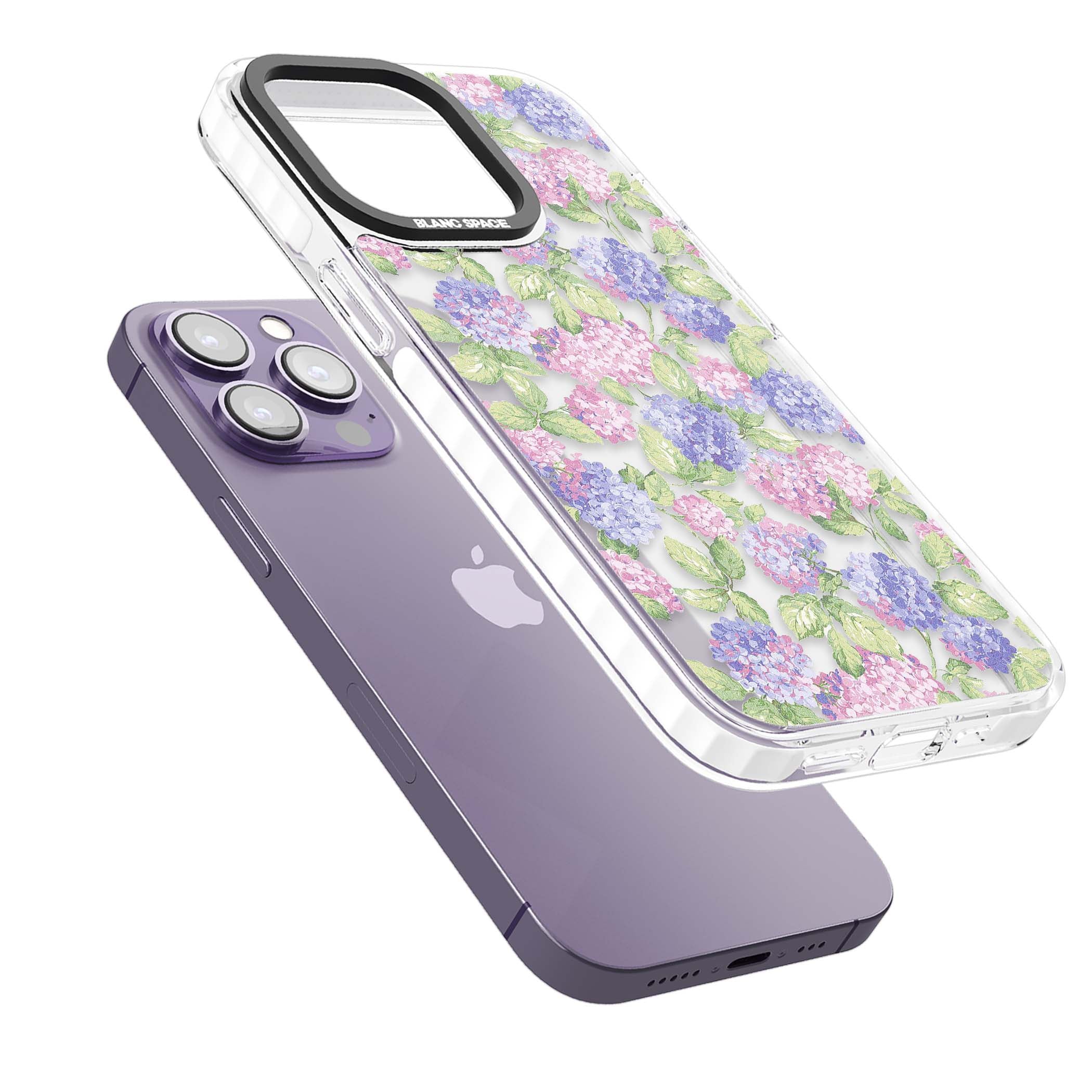 Cottage Hydrangea cottagecore iPhone case featuring pink and purple hydrangea blooms with green leaves on a clear background | Clear Impact case for iPhone 13 Pro, iPhone 14 Pro, iPhone 15 Pro