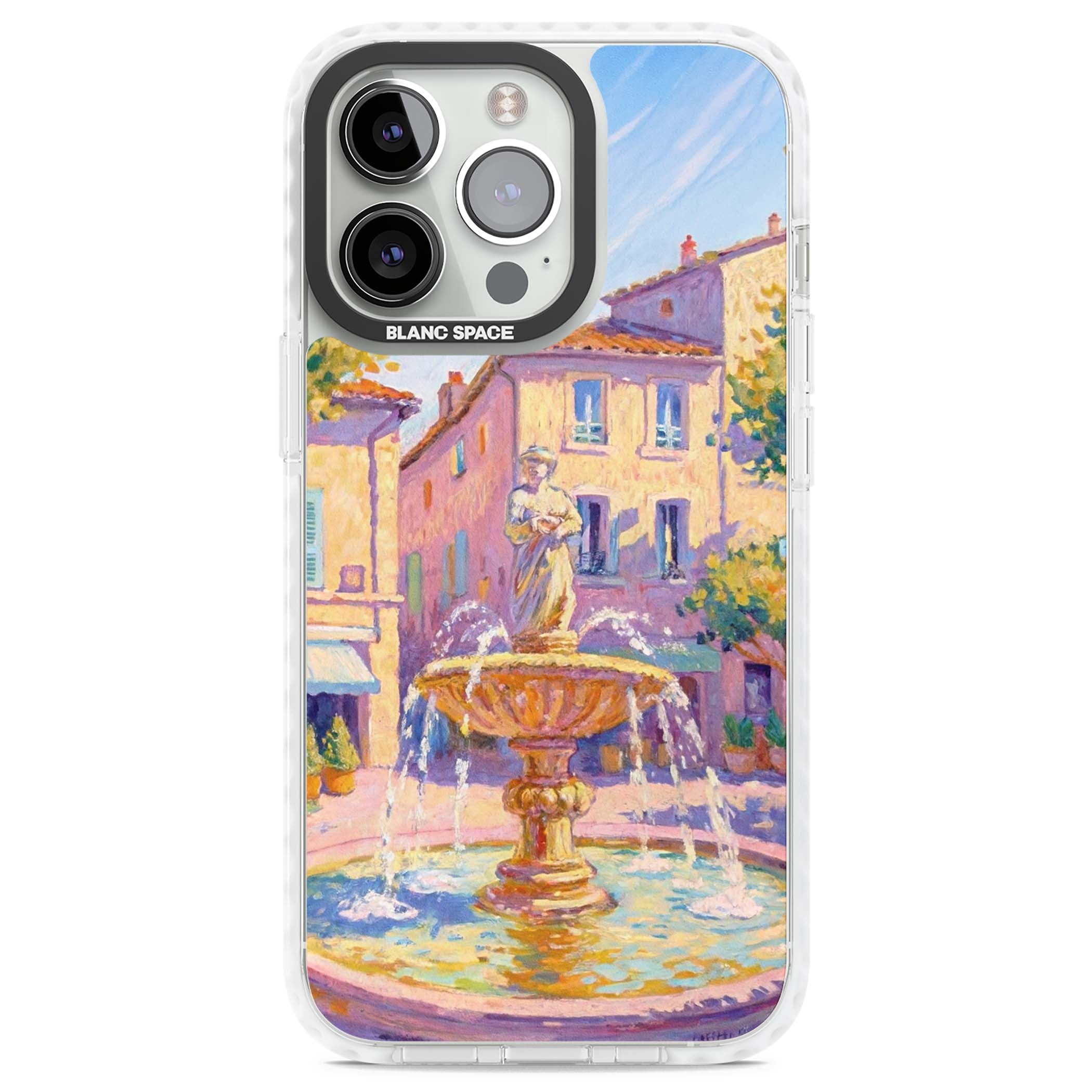Fountain Square fine art iPhone case featuring an impressionist Provençal fountain, pastel village buildings and summe | Clear Impact case for iPhone 13 Pro, iPhone 14 Pro, iPhone 15 Pro
