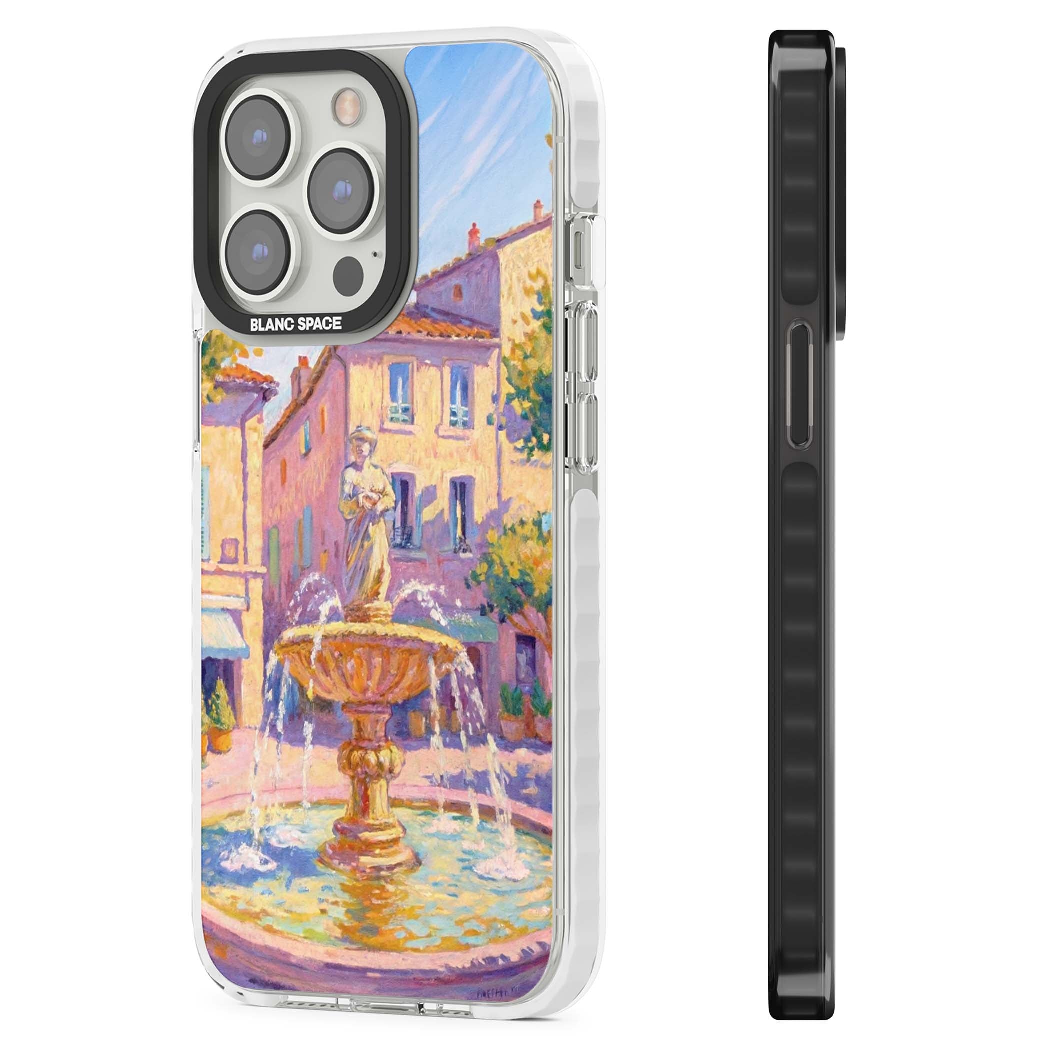 Fountain Square fine art iPhone case featuring an impressionist Provençal fountain, pastel village buildings and summe | Clear Impact case for iPhone 13 Pro, iPhone 14 Pro, iPhone 15 Pro