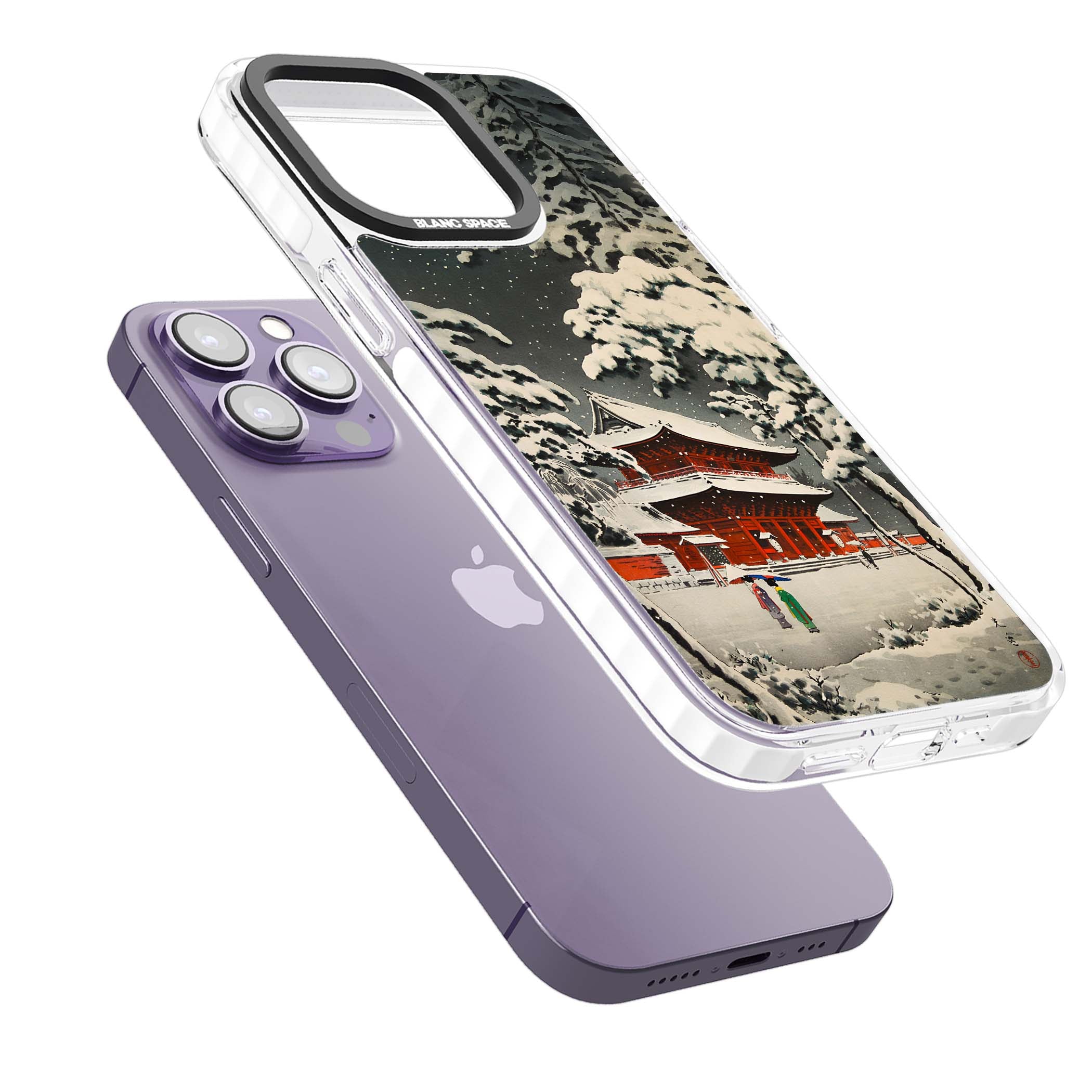 Snow at Shiha Park, Tokyo Japanese art iPhone case featuring a vintage ukiyo-e snowy temple, red pagoda, and snow-covered pin | Clear Impact case for iPhone 13 Pro, iPhone 14 Pro, iPhone 15 Pro