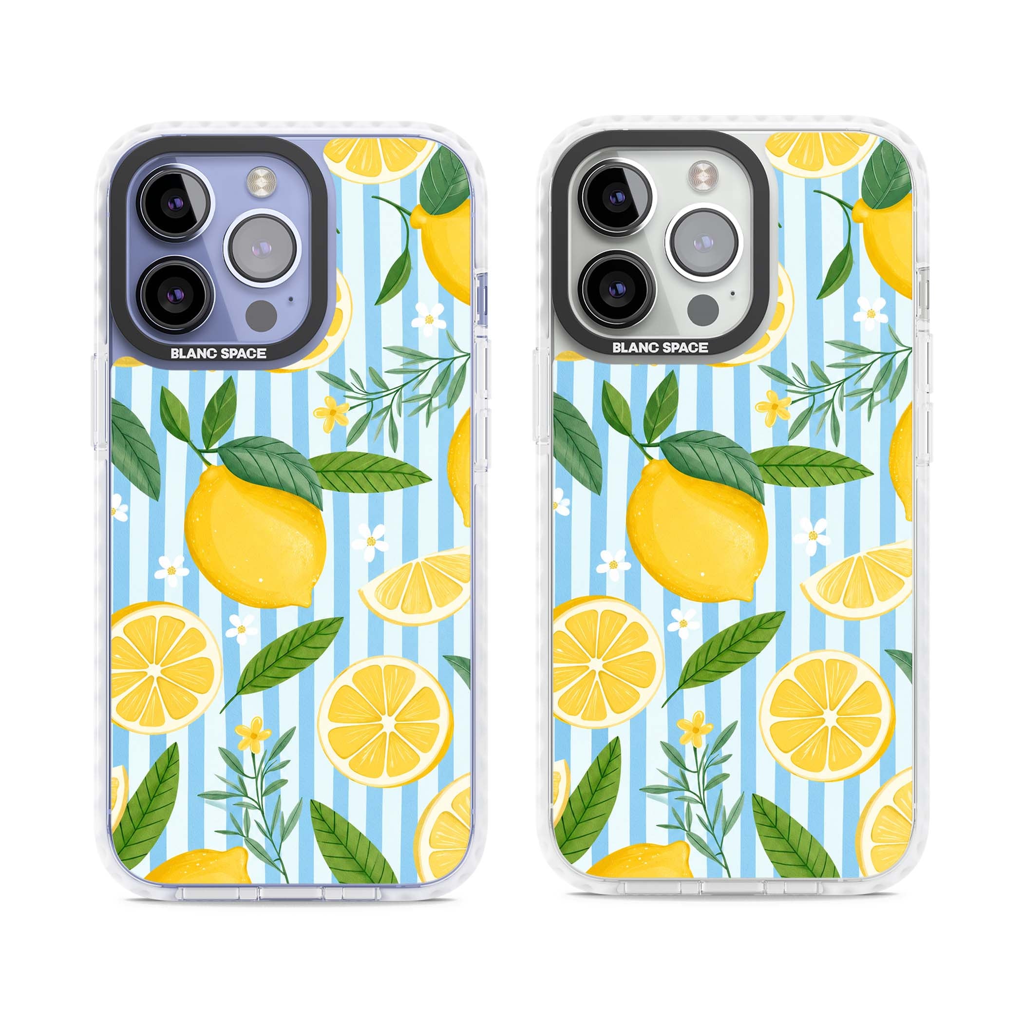 Capri Citrus Stripe coastal iPhone case featuring yellow lemons, blue stripes, and white daisy blossoms | Clear Impact case for iPhone 13 Pro, iPhone 14 Pro, iPhone 15 Pro