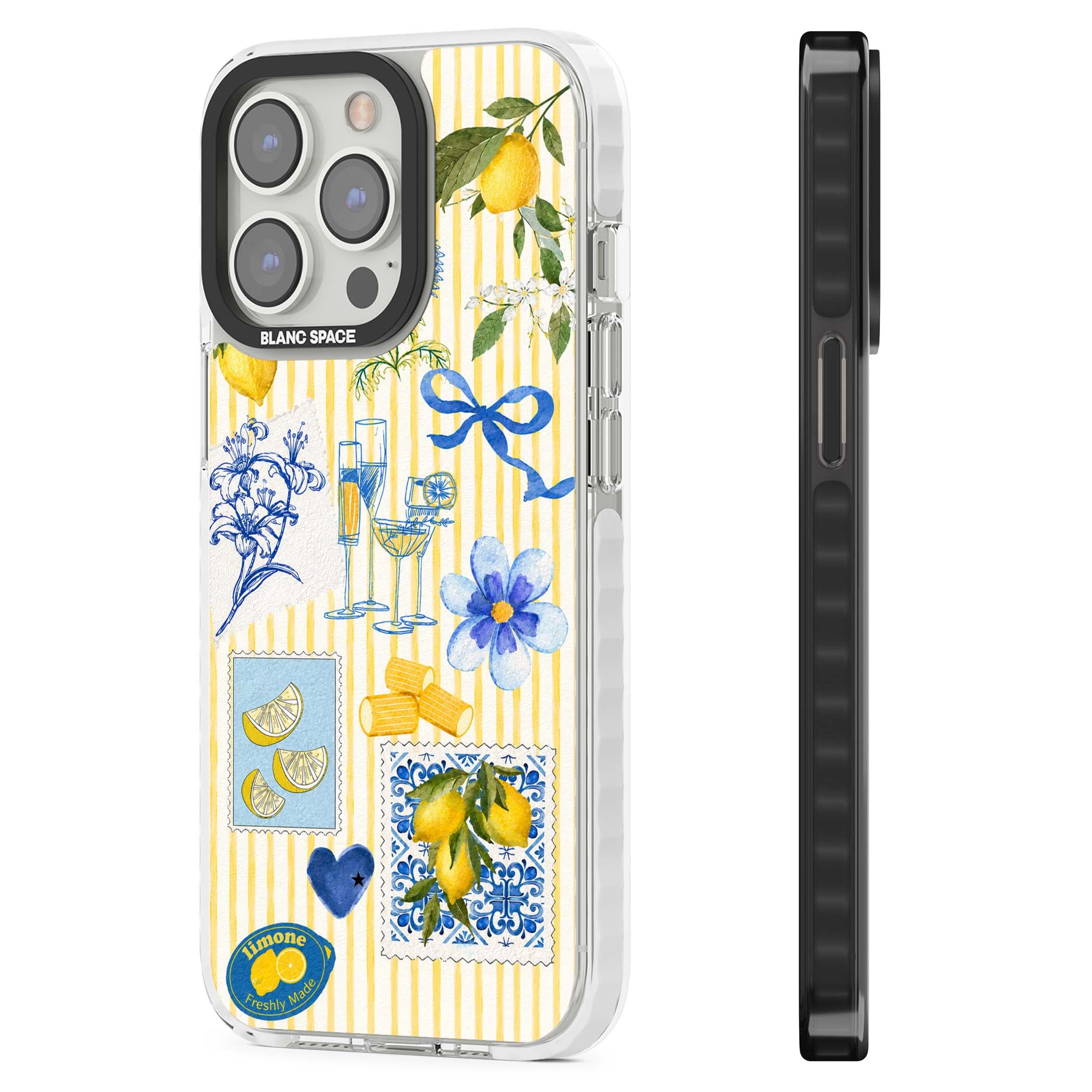 Limone Riviera Italian summer iPhone case featuring watercolour lemons, blue ribbon bows and majolica tile stamps on... | Clear Impact case for iPhone 13 Pro, iPhone 14 Pro, iPhone 15 Pro