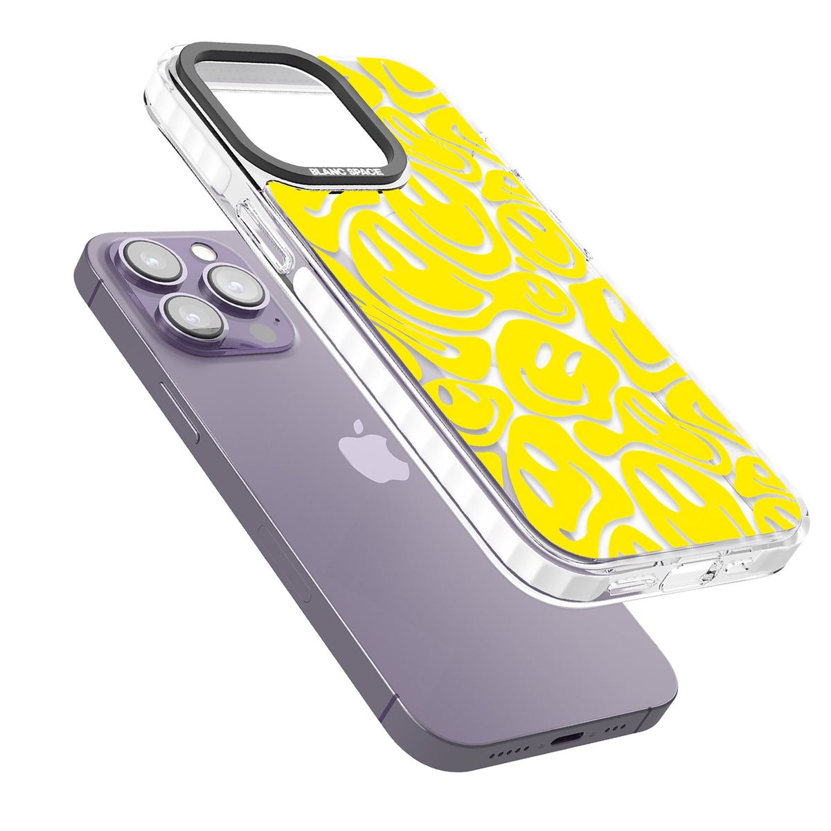 Yellow Acid Faces iPhone 13 Pro / iPhone 13 Pro Max / iPhone 14 Pro / iPhone 14 Pro Max / iPhone 15 Pro / iPhone 15 Pro Max Impact Pro Clear Phone Case angled