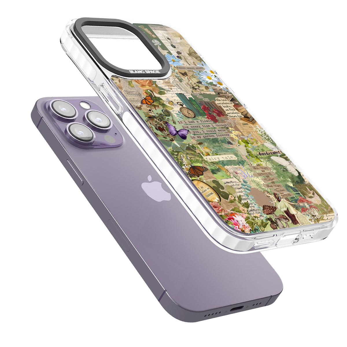 Enchanted Collage iPhone 13 Pro / iPhone 13 Pro Max / iPhone 14 Pro / iPhone 14 Pro Max / iPhone 15 Pro / iPhone 15 Pro Max Impact Pro Clear Phone Case angled