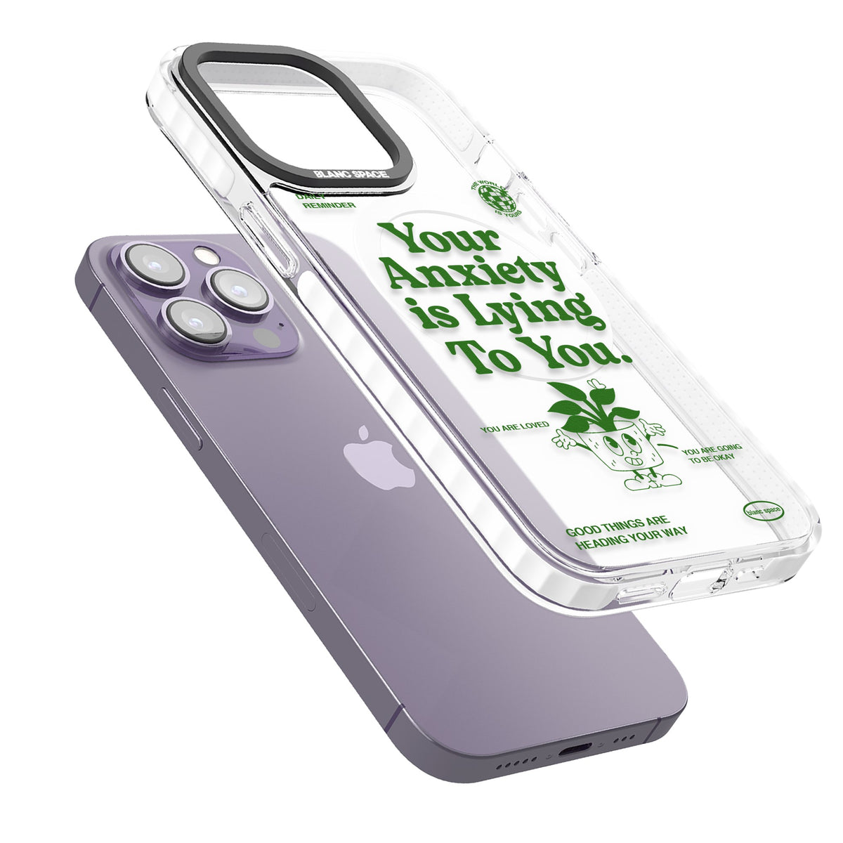 Your Anxiety Is Lying To You iPhone 13 Pro / iPhone 13 Pro Max / iPhone 14 Pro / iPhone 14 Pro Max / iPhone 15 Pro / iPhone 15 Pro Max Impact Pro Clear Phone Case angled
