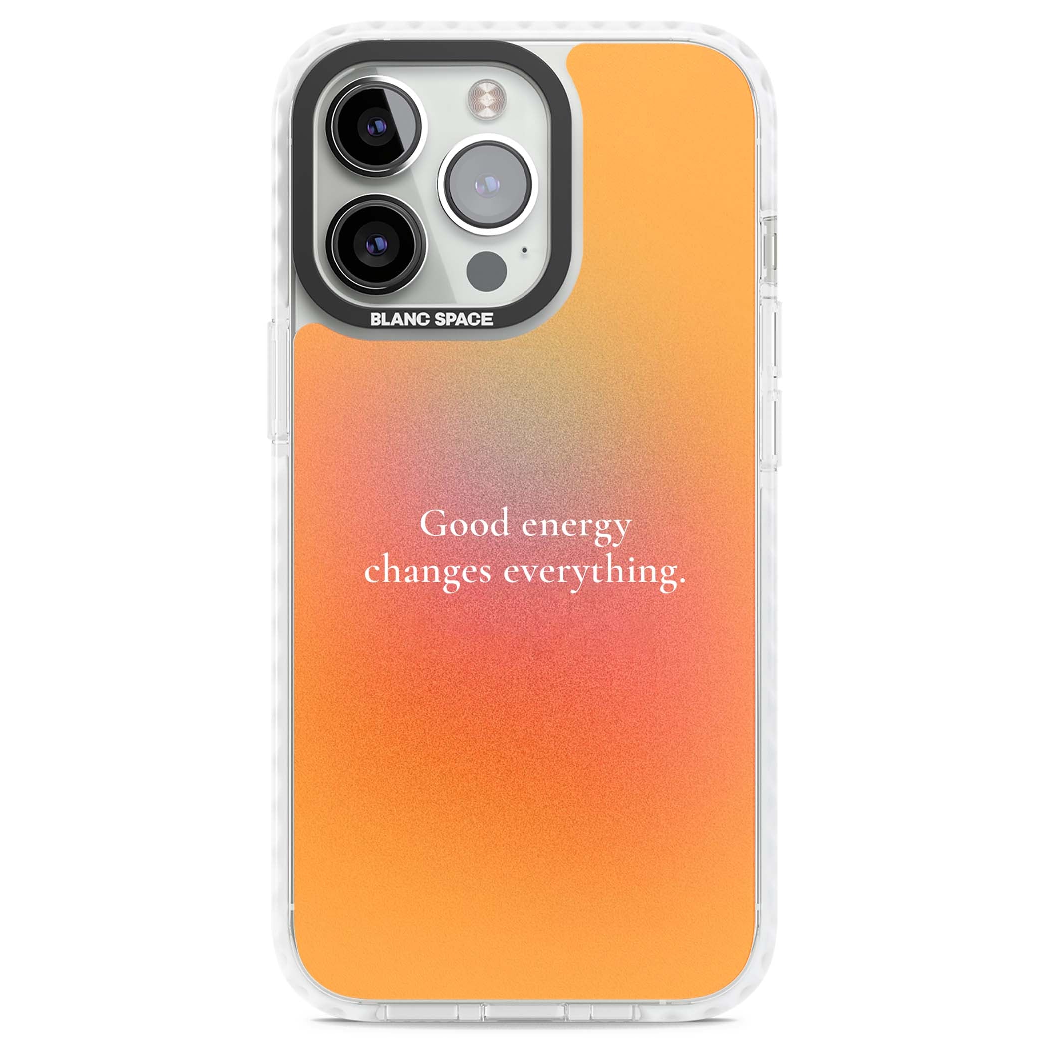 Good Energy quote iPhone case featuring an orange and pink aura gradient with white serif affirmation text | Impact Magsafe case for iPhone 13 Pro, iPhone 14 Pro, iPhone 15 Pro
