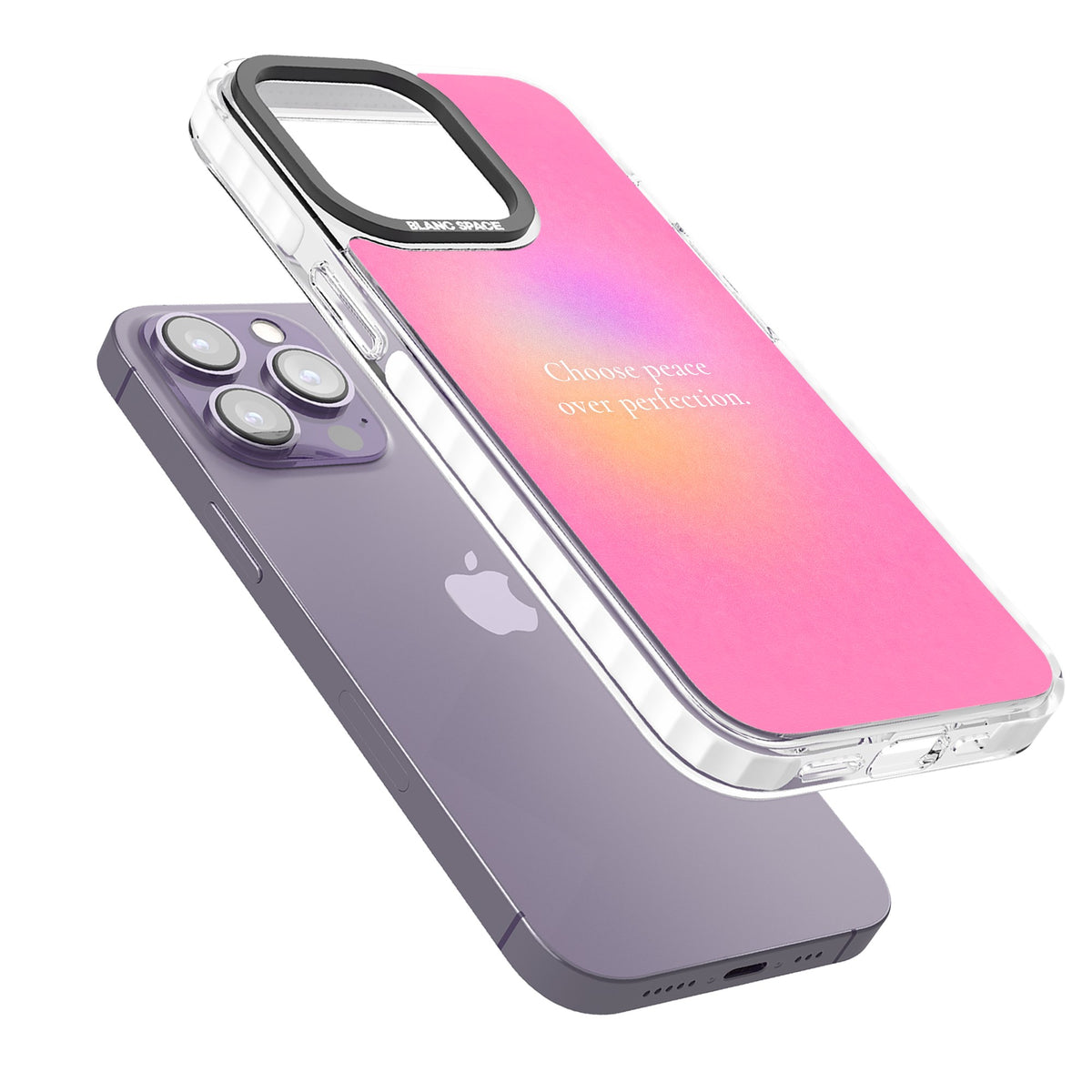 Peace Over Perfection iPhone 13 Pro / iPhone 13 Pro Max / iPhone 14 Pro / iPhone 14 Pro Max / iPhone 15 Pro / iPhone 15 Pro Max Impact Pro Clear Phone Case angled