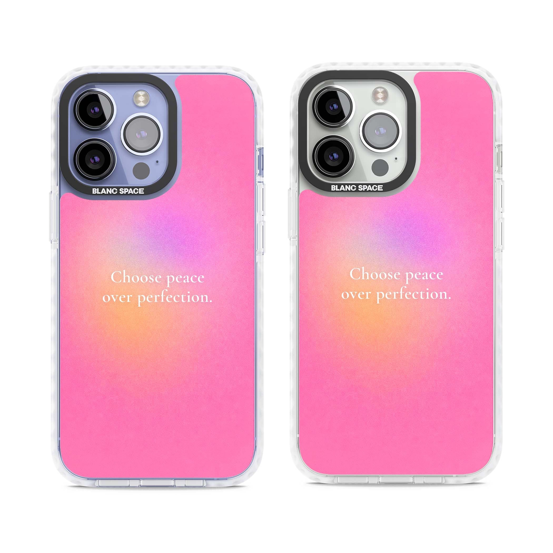 Peace Over Perfection quote iPhone case featuring a dreamy pink aura gradient and delicate white affirmation text | Impact Magsafe case for iPhone 13 Pro, iPhone 14 Pro, iPhone 15 Pro
