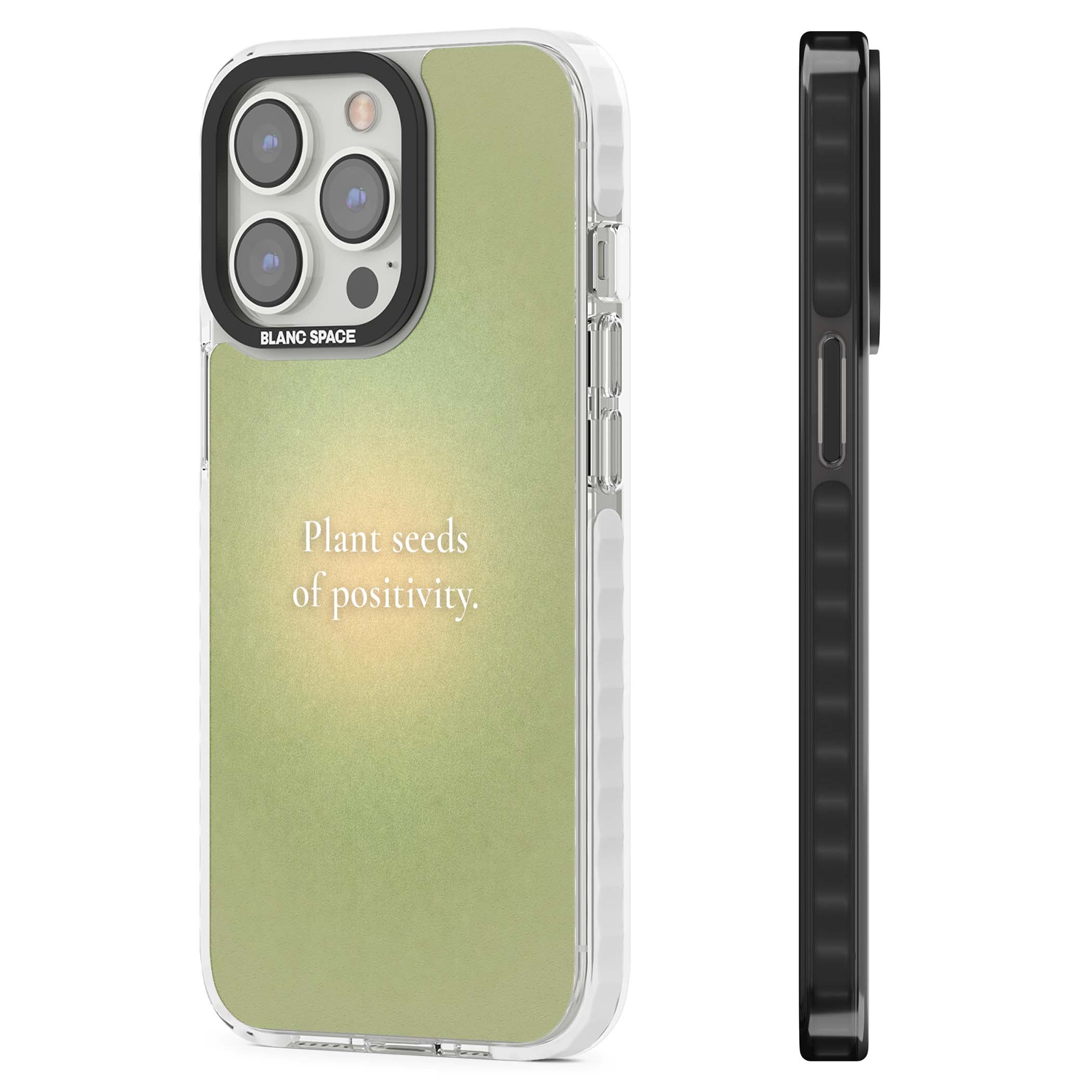 Seeds of Positivity quote iPhone case featuring a sage green aura gradient and golden glow affirmation | Impact Magsafe case for iPhone 13 Pro, iPhone 14 Pro, iPhone 15 Pro