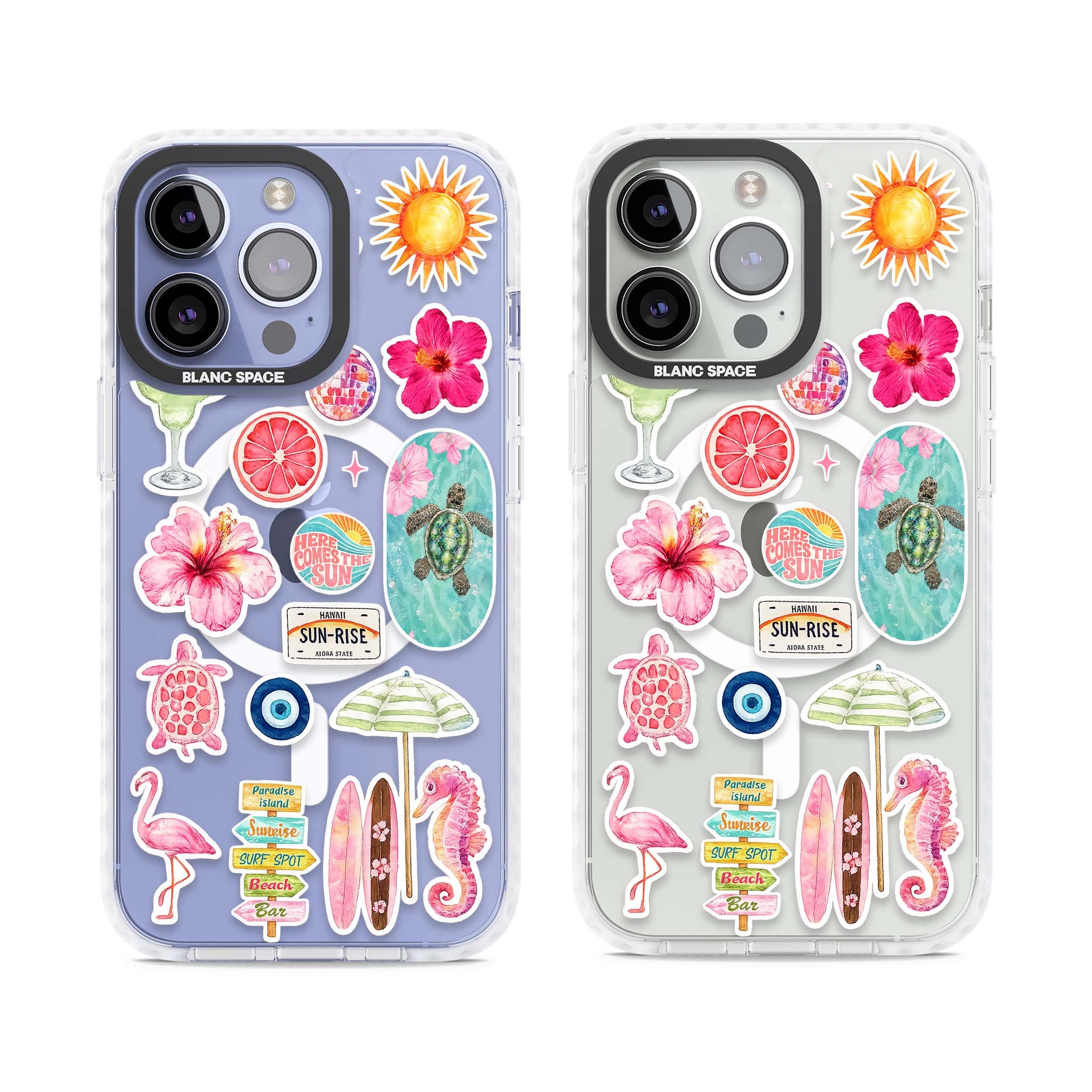 Aloha Sticker Mix tropical summer iPhone case featuring pink hibiscus, sea turtles, flamingo and beach umbrella stickers | Impact Magsafe case for iPhone 13 Pro, iPhone 14 Pro, iPhone 15 Pro