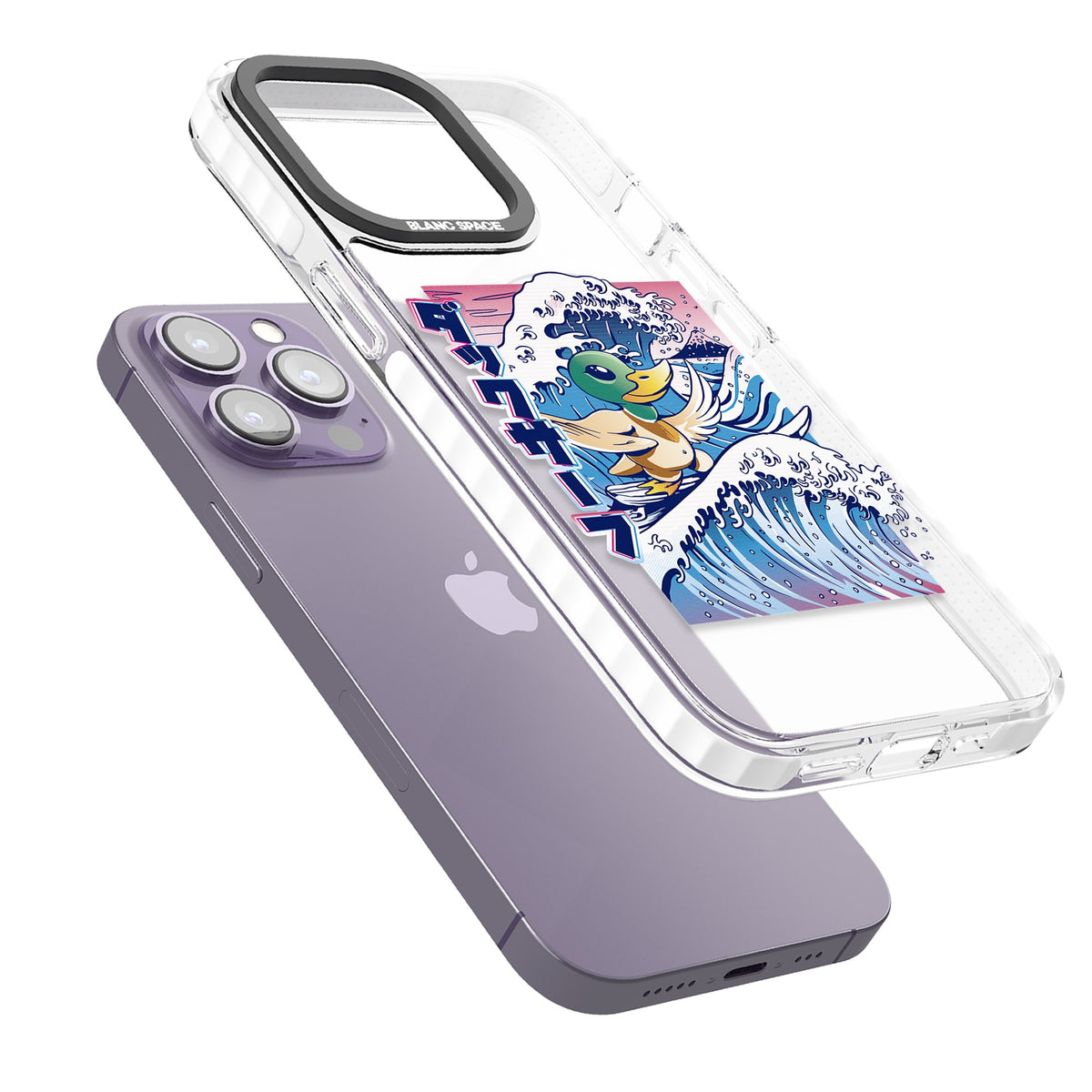 Duck Surf iPhone 13 Pro / iPhone 13 Pro Max / iPhone 14 Pro / iPhone 14 Pro Max / iPhone 15 Pro / iPhone 15 Pro Max Impact Pro Clear Phone Case angled