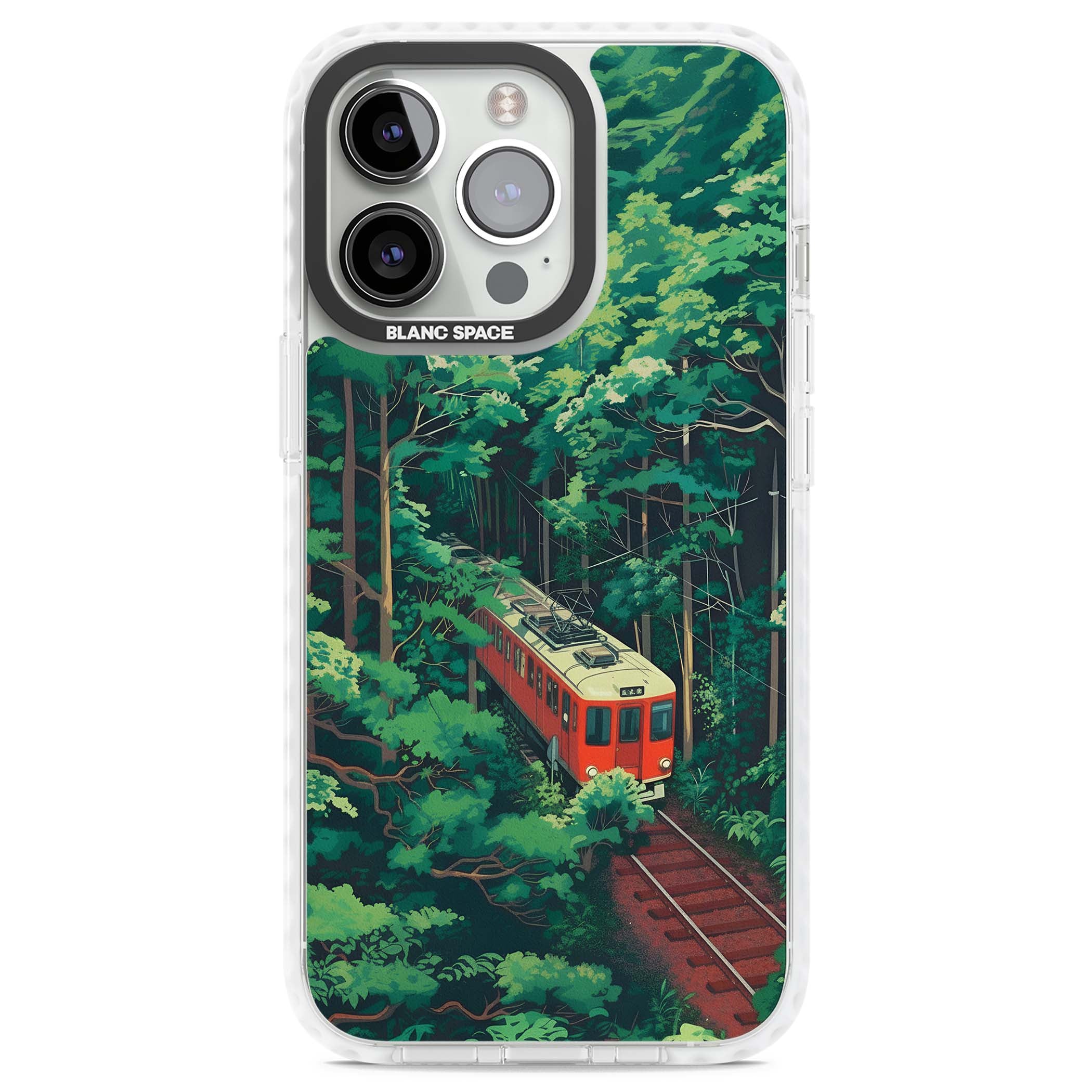 Railway In Toyama Japanese iPhone case featuring a red train, cedar forest and winding mountain railway tracks | Impact Magsafe case for iPhone 13 Pro, iPhone 14 Pro, iPhone 15 Pro