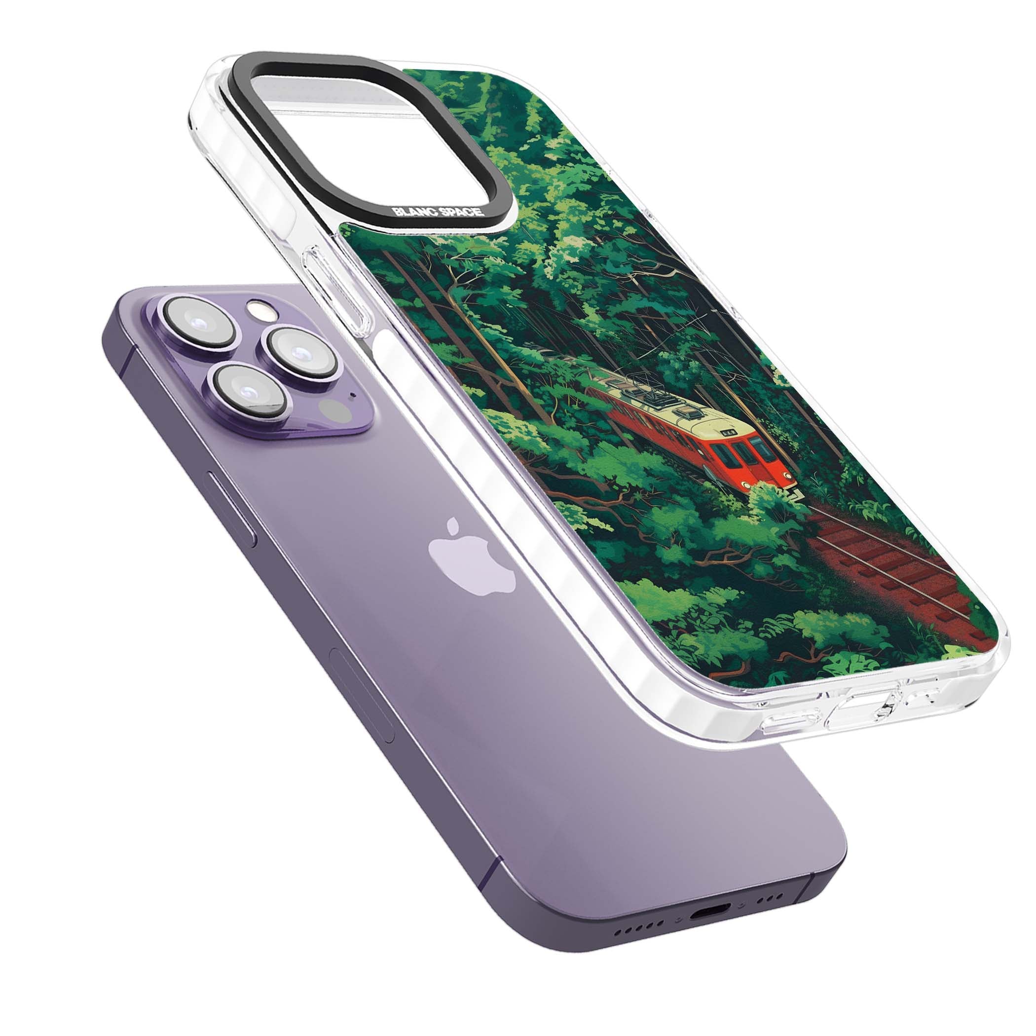 Railway In Toyama Japanese iPhone case featuring a red train, cedar forest and winding mountain railway tracks | Impact Magsafe case for iPhone 13 Pro, iPhone 14 Pro, iPhone 15 Pro