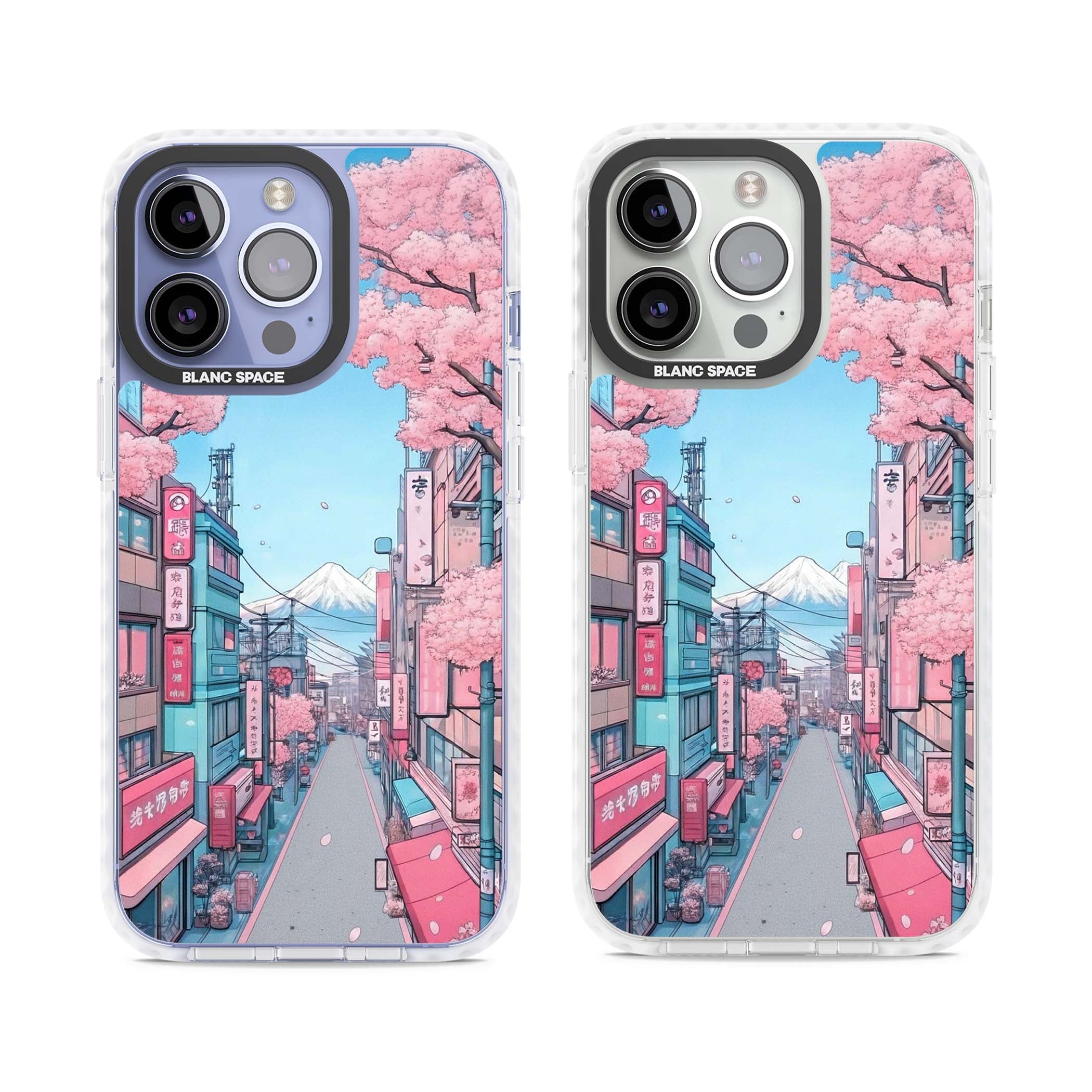 Sakura Lane anime iPhone case featuring Tokyo street scene with cherry blossoms and Mount Fuji | Impact Magsafe case for iPhone 13 Pro, iPhone 14 Pro, iPhone 15 Pro