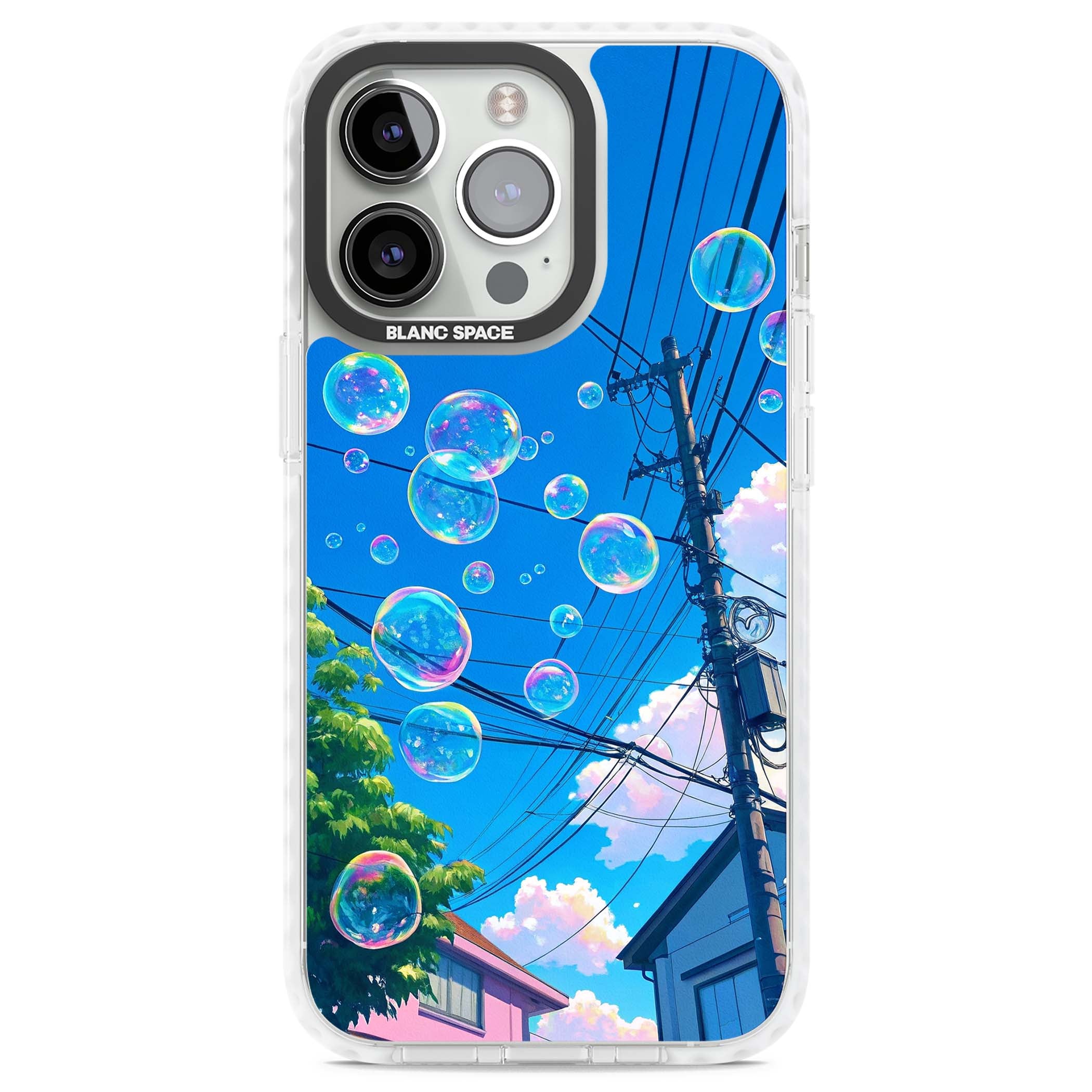 Suburban Bubbles anime iPhone case featuring iridescent soap bubbles, blue sky and Japanese telephone wires | Impact Magsafe case for iPhone 13 Pro, iPhone 14 Pro, iPhone 15 Pro