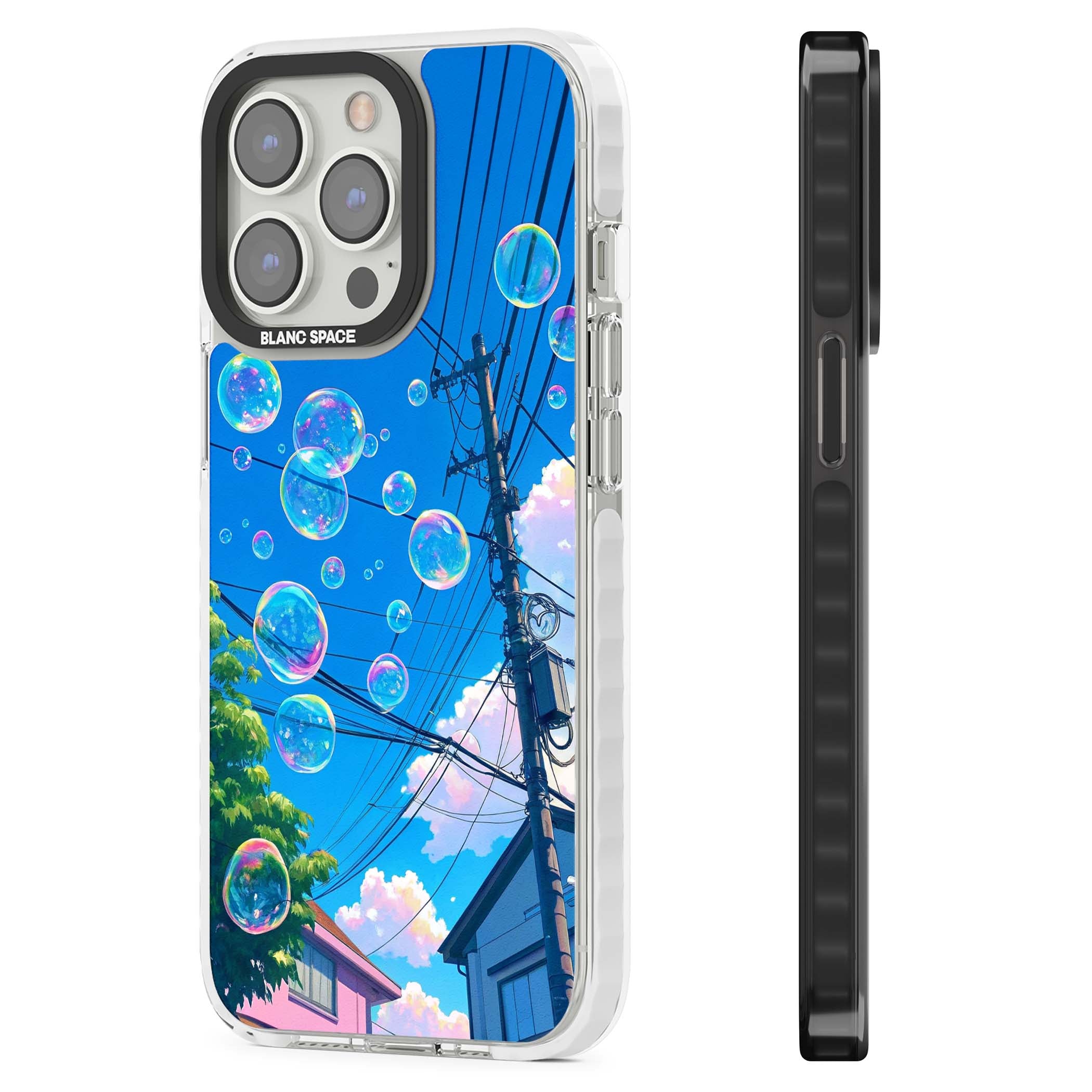 Suburban Bubbles anime iPhone case featuring iridescent soap bubbles, blue sky and Japanese telephone wires | Impact Magsafe case for iPhone 13 Pro, iPhone 14 Pro, iPhone 15 Pro