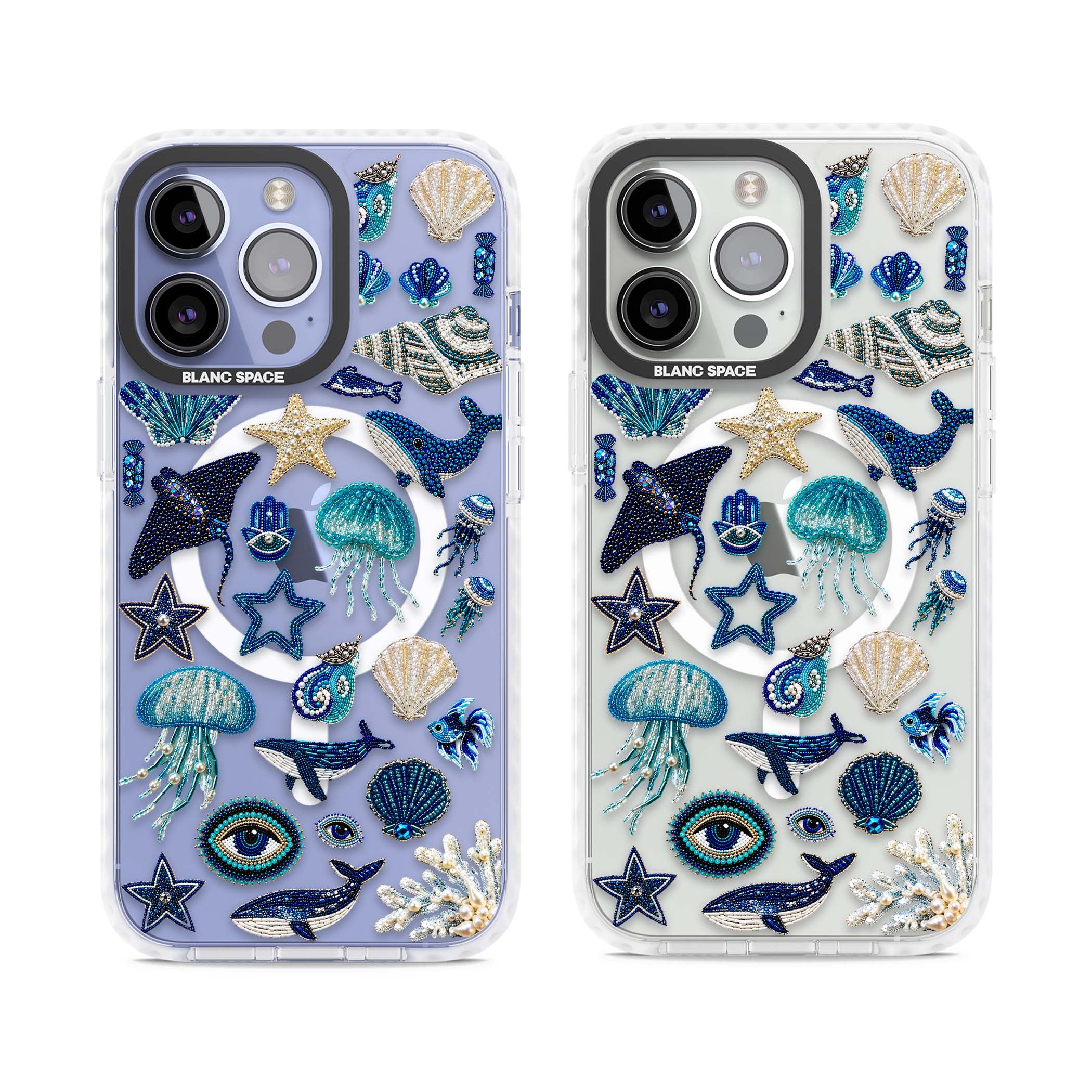 Beaded Coastal coastal iPhone case featuring embroidered seashells, jellyfish and a blue whale on clear | Impact Magsafe case for iPhone 13 Pro, iPhone 14 Pro, iPhone 15 Pro