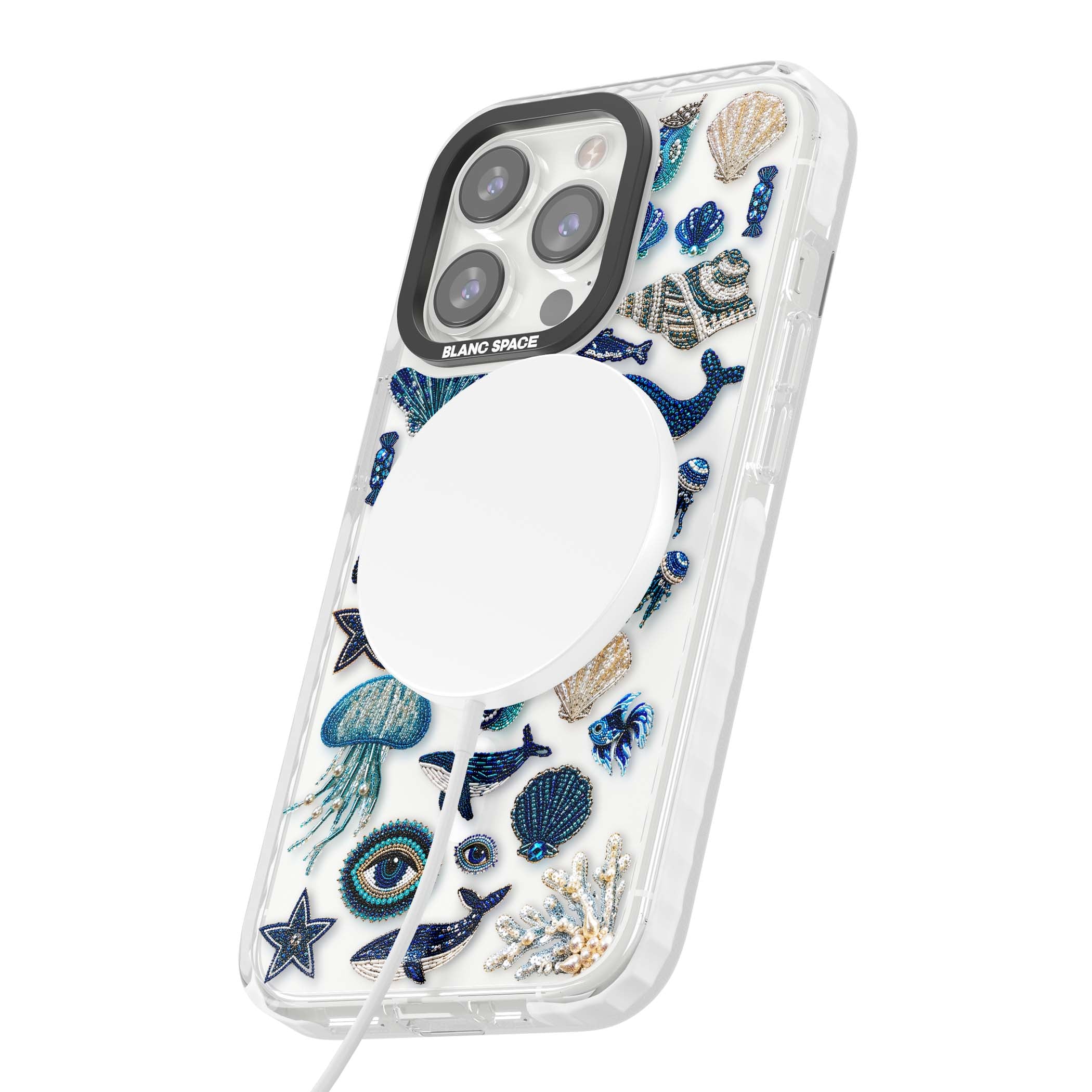 Beaded Coastal coastal iPhone case featuring embroidered seashells, jellyfish and a blue whale on clear | Impact Magsafe case for iPhone 13 Pro, iPhone 14 Pro, iPhone 15 Pro