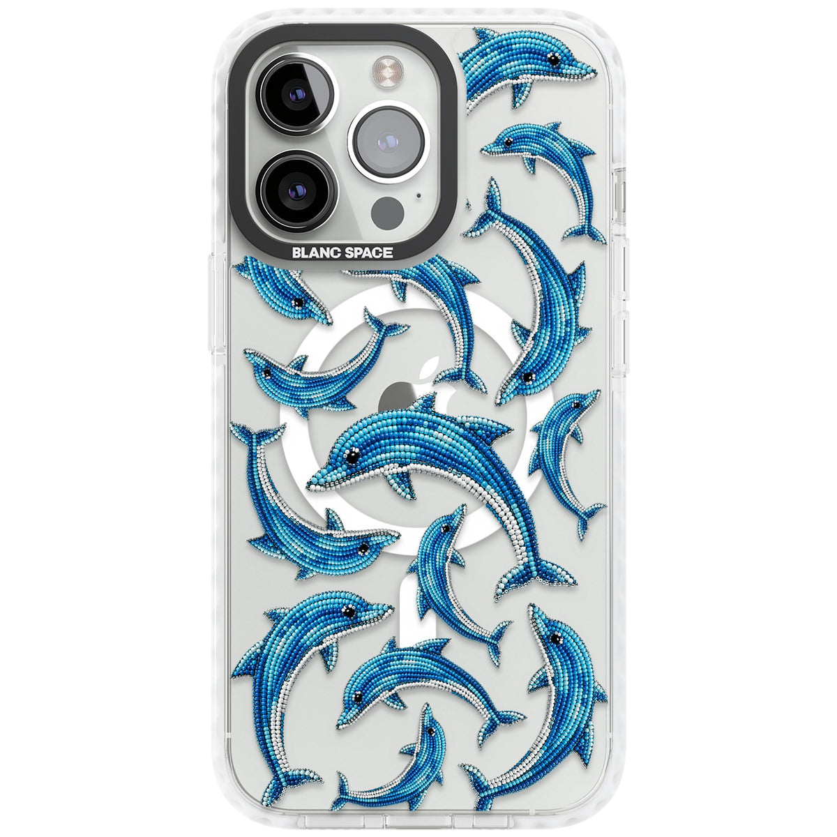 Beaded Dolphins iPhone 13 Pro / iPhone 13 Pro Max / iPhone 14 Pro / iPhone 14 Pro Max / iPhone 15 Pro / iPhone 15 Pro Max Impact Pro Clear Phone Case front