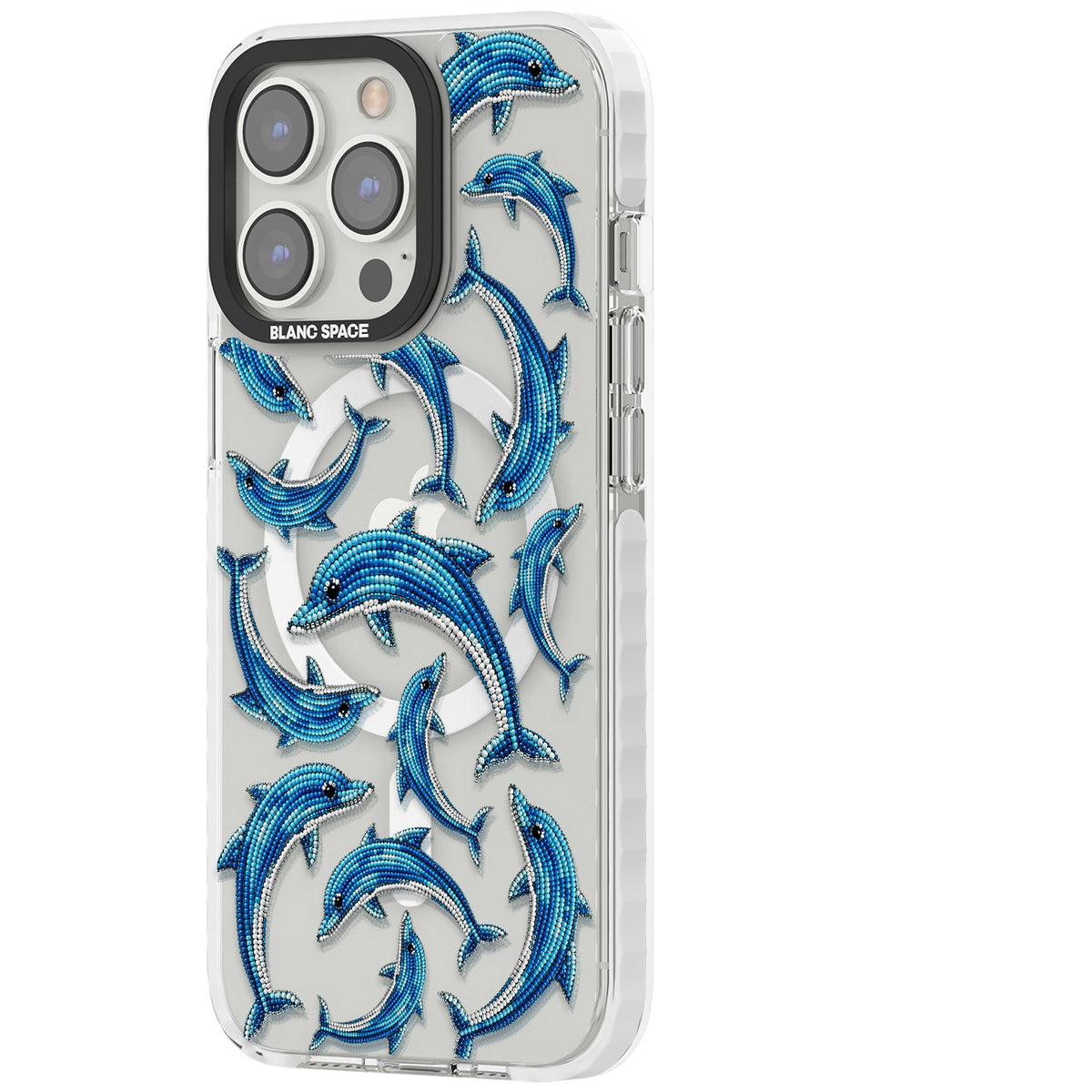 Beaded Dolphins iPhone 13 Pro / iPhone 13 Pro Max / iPhone 14 Pro / iPhone 14 Pro Max / iPhone 15 Pro / iPhone 15 Pro Max Impact Pro Clear Phone Case side