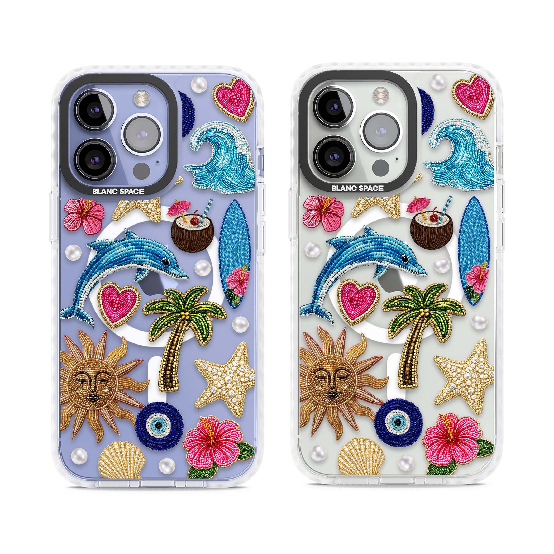 Beaded Beach coastal summer iPhone case featuring embroidered evil eye, hibiscus flowers, dolphin and palm tree patches | Impact Magsafe case for iPhone 13 Pro, iPhone 14 Pro, iPhone 15 Pro