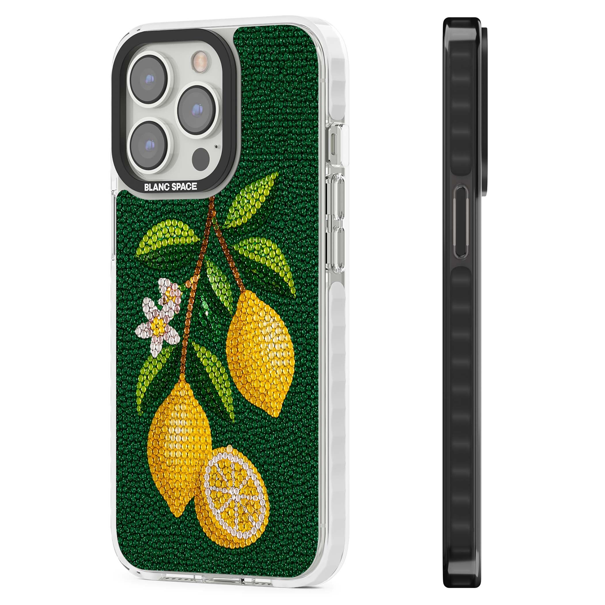 Beaded Lemons coastal iPhone case featuring crystal-beaded lemons, citrus blossom and green leaves on emerald ground | Impact Magsafe case for iPhone 13 Pro, iPhone 14 Pro, iPhone 15 Pro