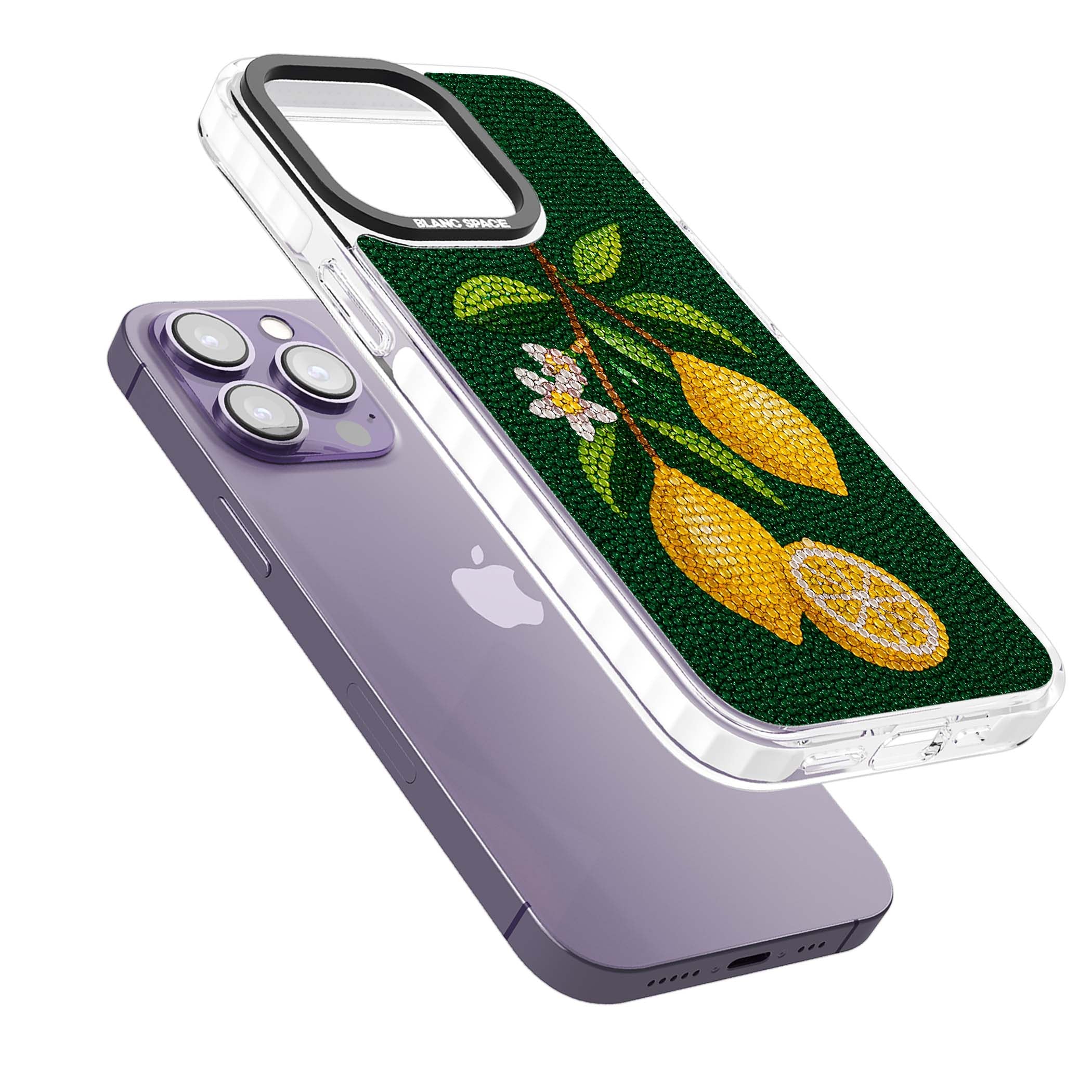 Beaded Lemons coastal iPhone case featuring crystal-beaded lemons, citrus blossom and green leaves on emerald ground | Impact Magsafe case for iPhone 13 Pro, iPhone 14 Pro, iPhone 15 Pro