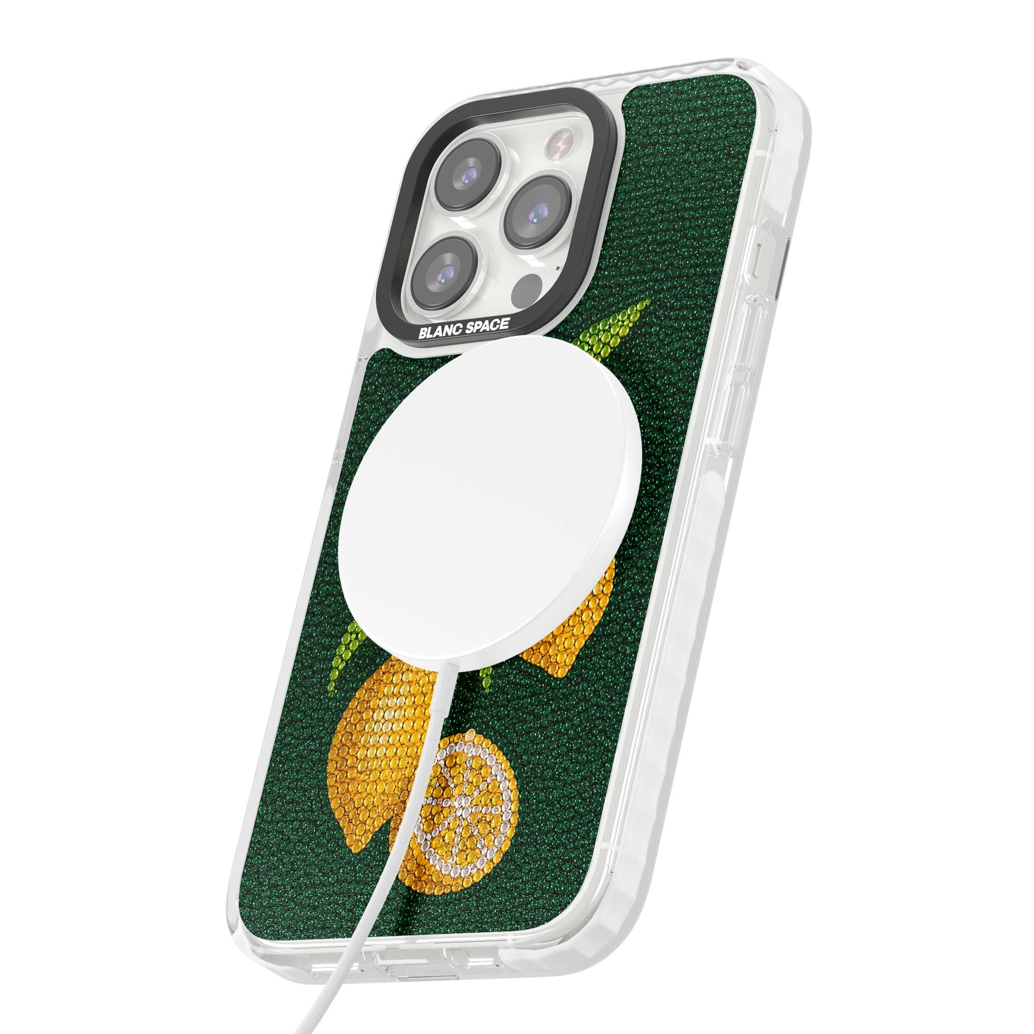 Beaded Lemons coastal iPhone case featuring crystal-beaded lemons, citrus blossom and green leaves on emerald ground | Impact Magsafe case for iPhone 13 Pro, iPhone 14 Pro, iPhone 15 Pro